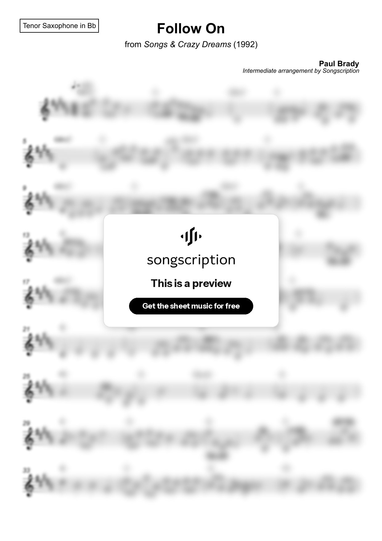 Intermediate Tenor Sax Sheet Music for "Follow On" by Paul Brady