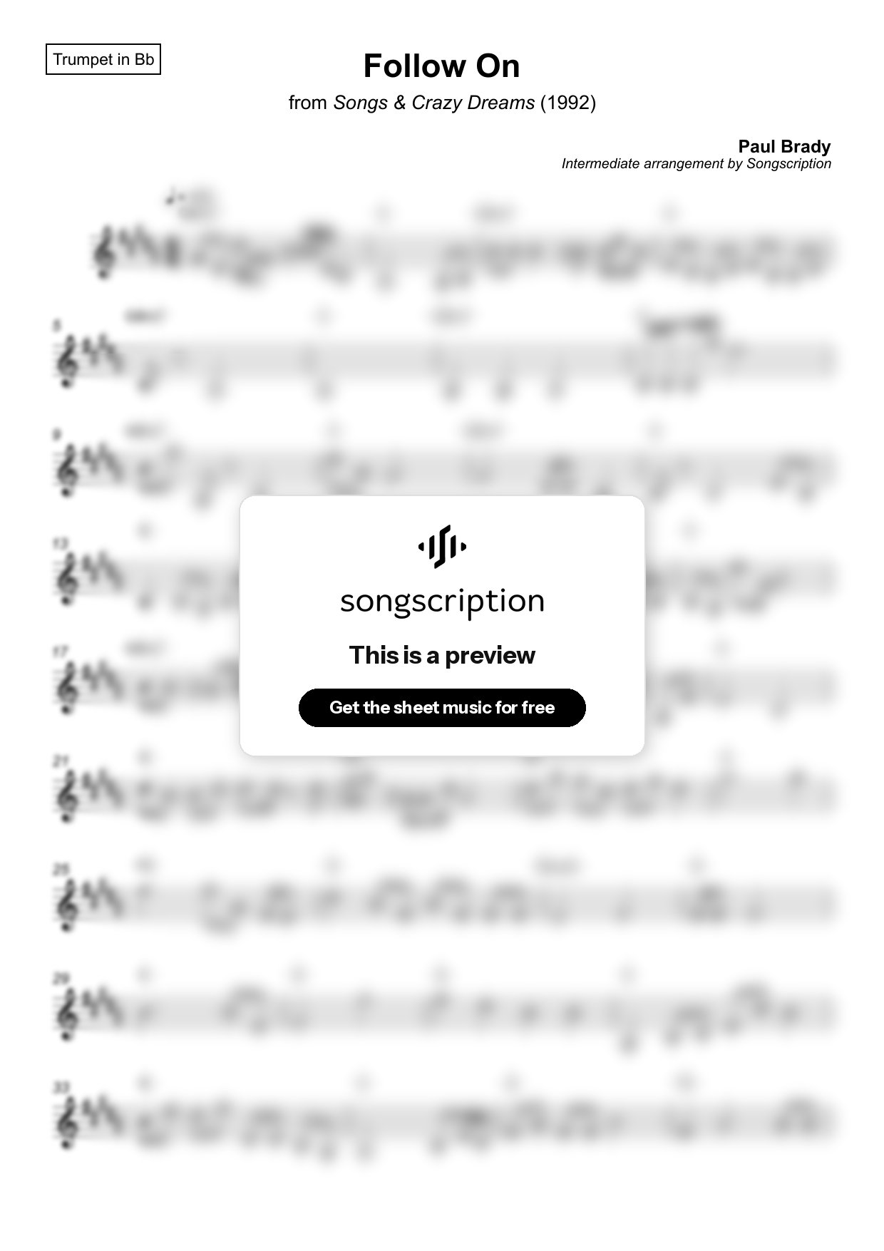 Intermediate Trumpet Sheet Music for "Follow On" by Paul Brady