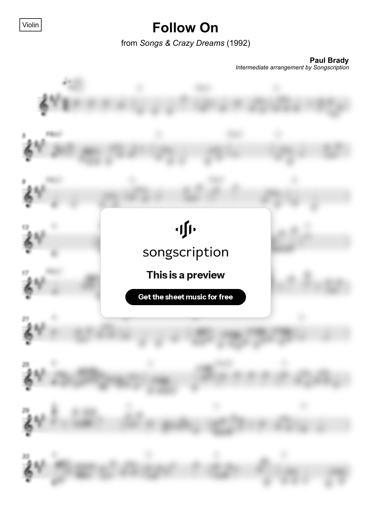 Intermediate Violin Sheet Music for "Follow On" by Paul Brady