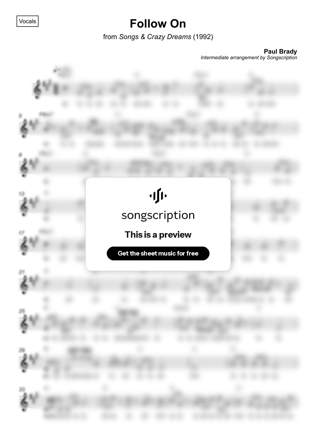 Intermediate Vocals Sheet Music for "Follow On" by Paul Brady