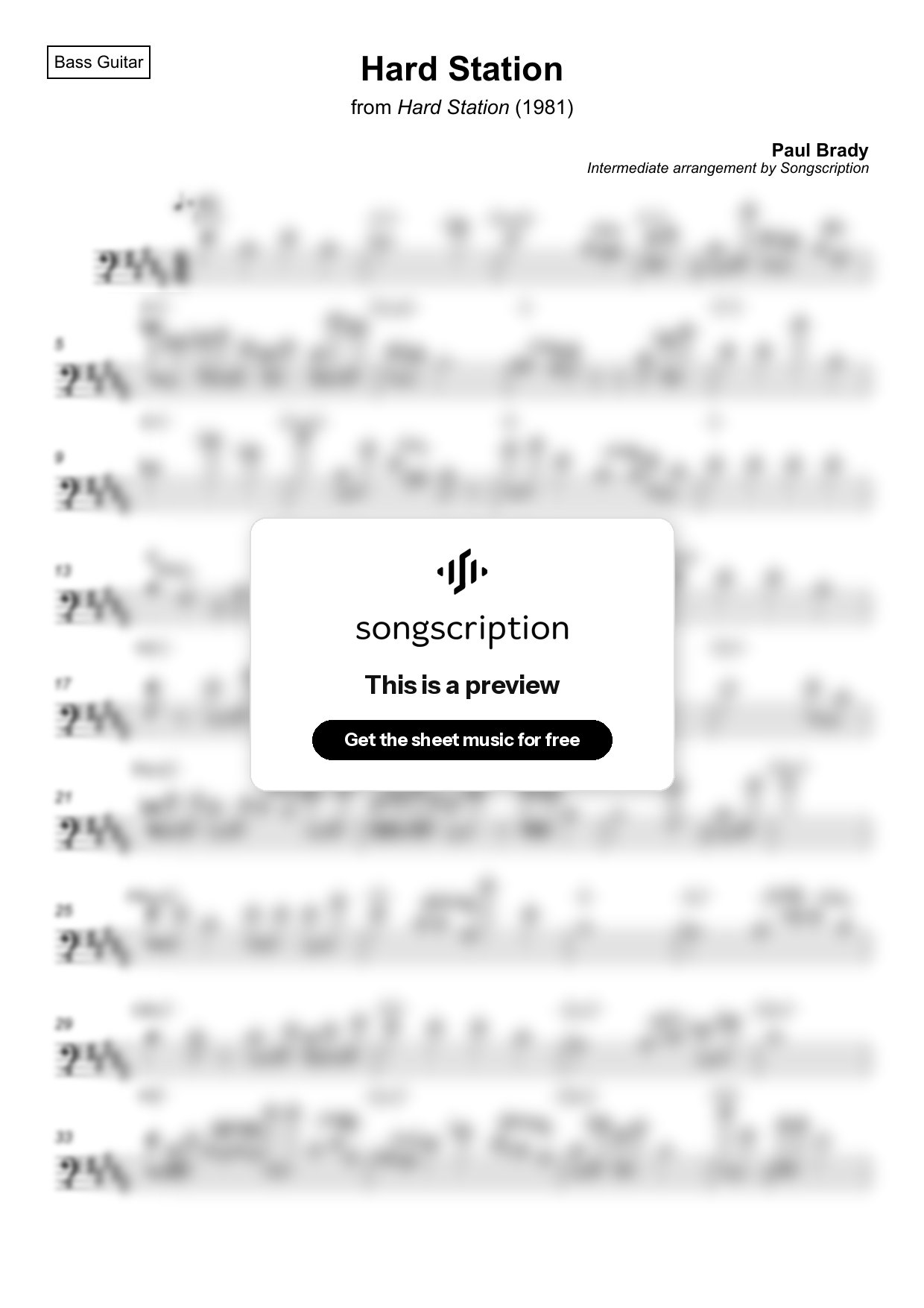 Intermediate Bass Guitar Sheet Music for "Hard Station" by Paul Brady