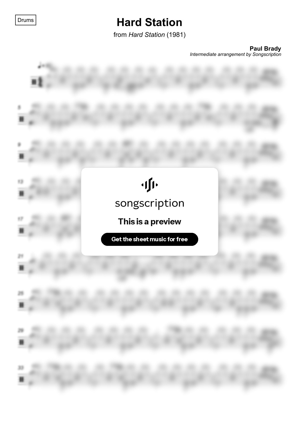 Intermediate Drums Sheet Music for "Hard Station" by Paul Brady