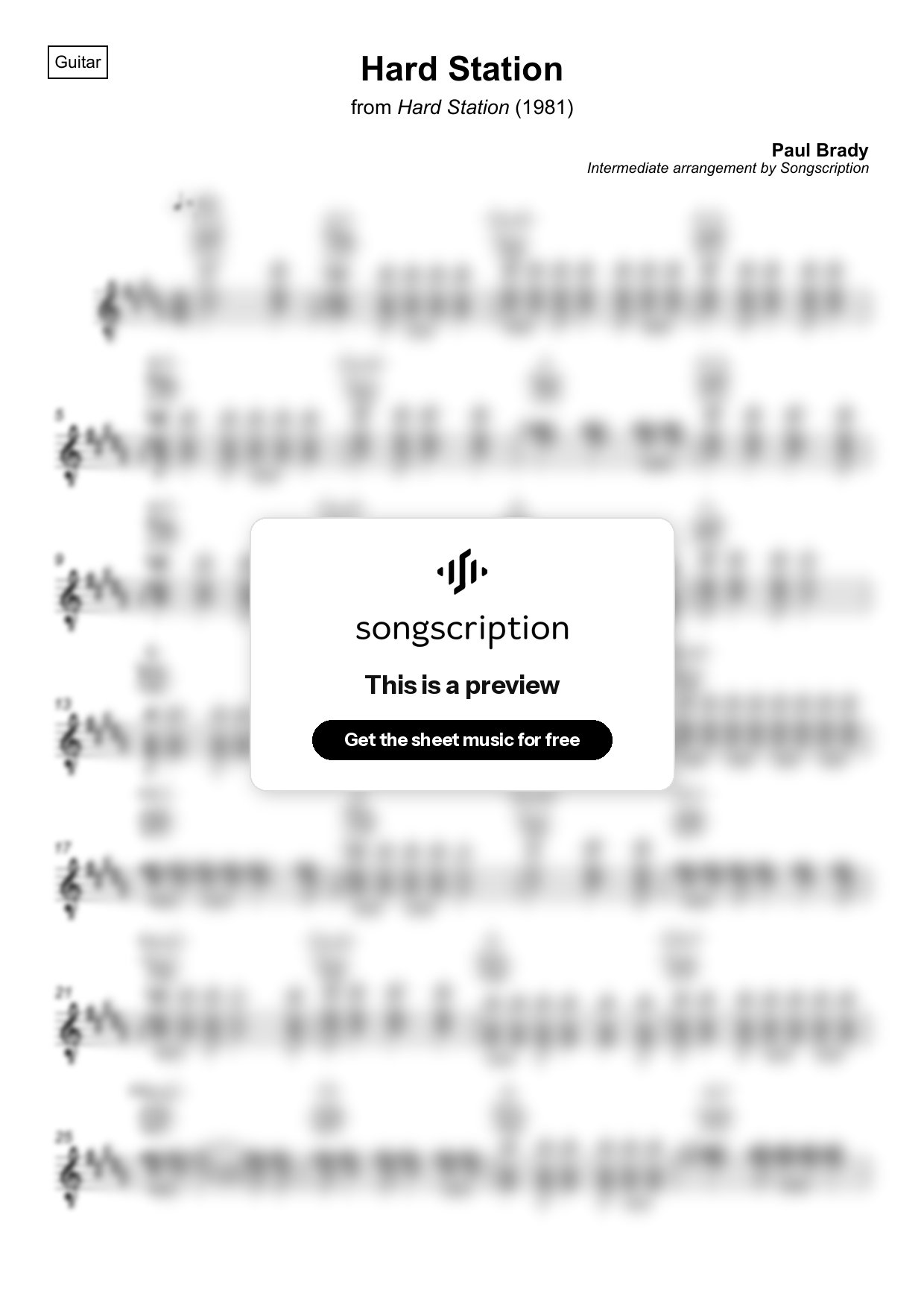 Intermediate Acoustic Guitar Sheet Music for "Hard Station" by Paul Brady