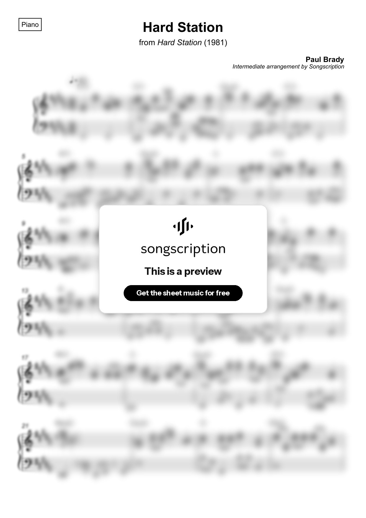 Intermediate Piano Sheet Music for "Hard Station" by Paul Brady