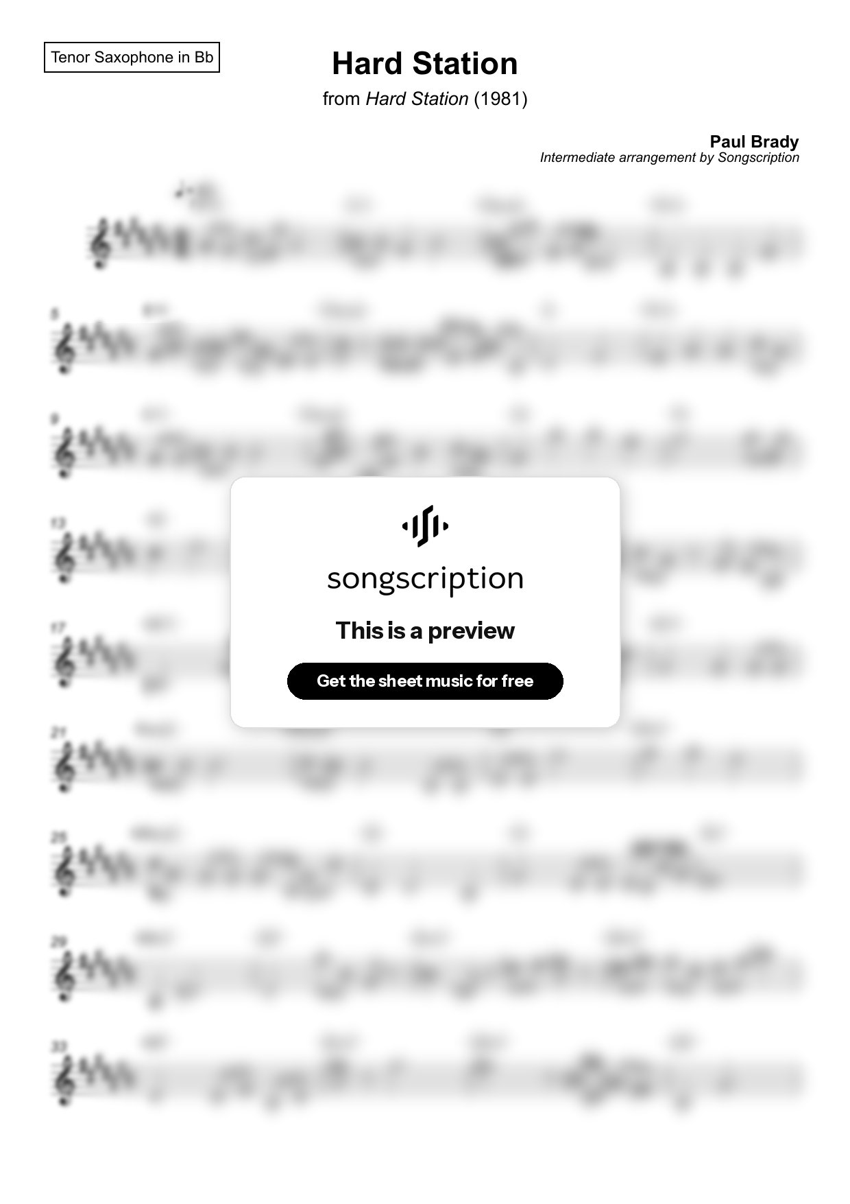 Intermediate Tenor Sax Sheet Music for "Hard Station" by Paul Brady