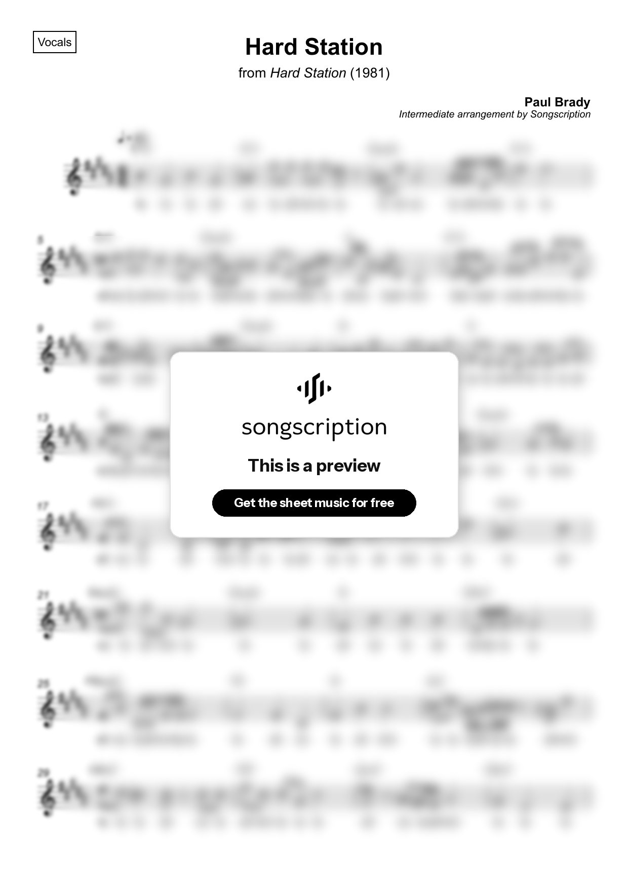 Intermediate Vocals Sheet Music for "Hard Station" by Paul Brady