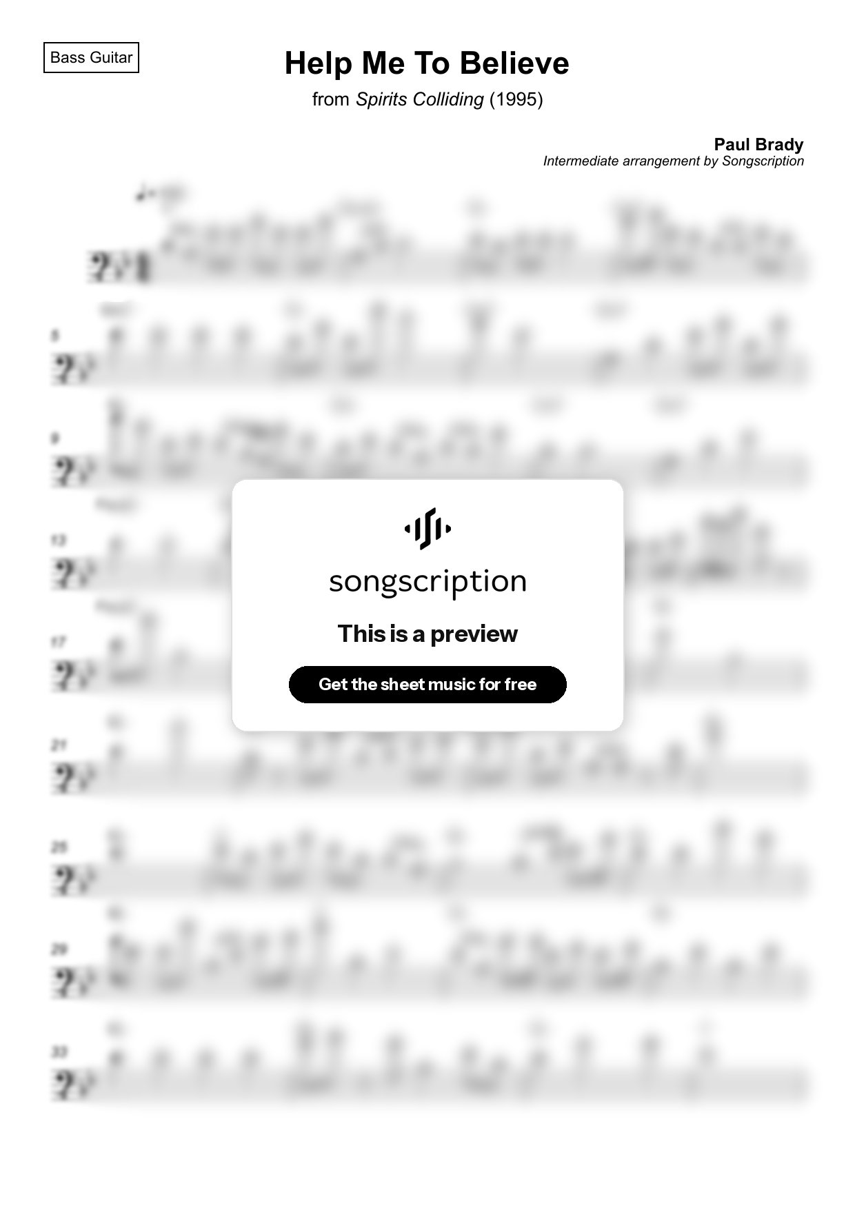 Intermediate Bass Guitar Sheet Music for "Help Me To Believe" by Paul Brady