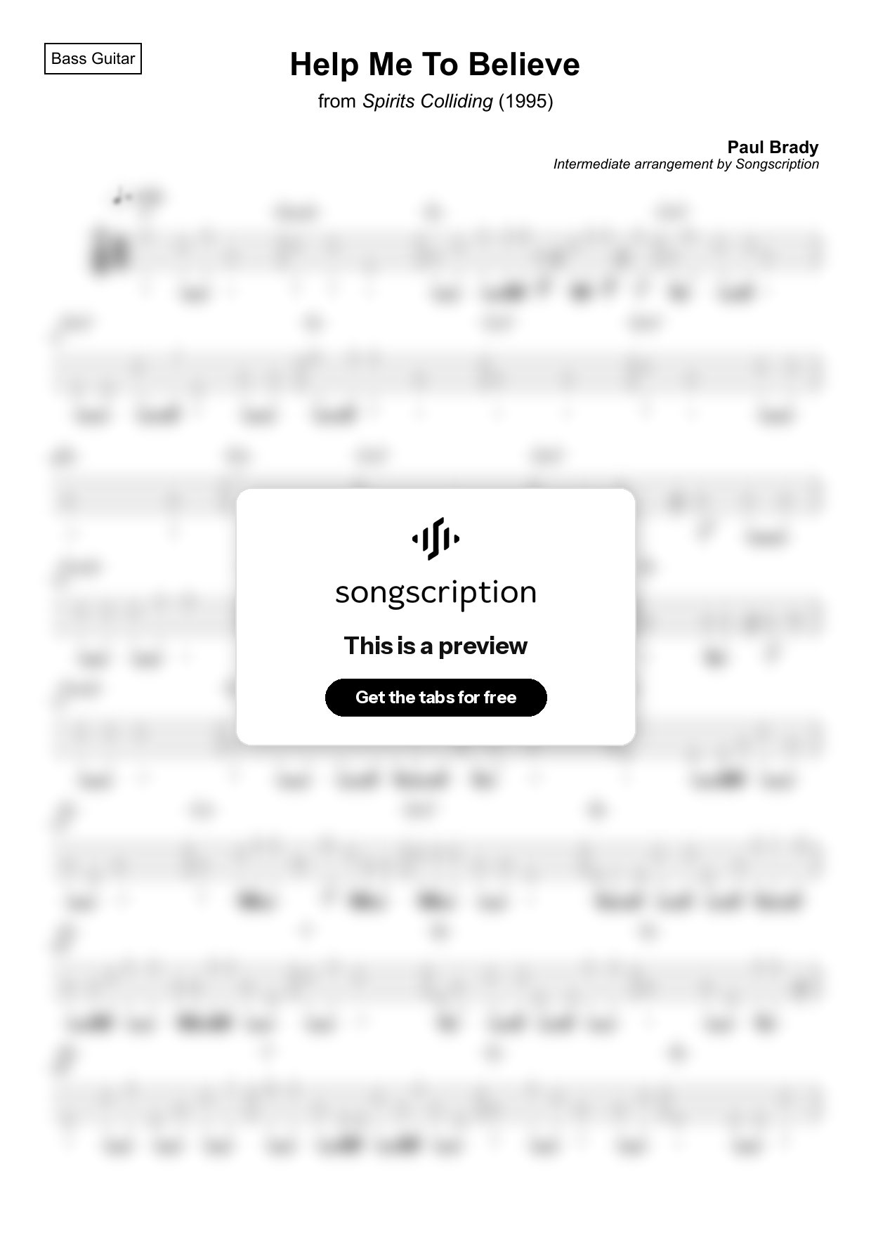 Intermediate Bass Guitar Tabs for "Help Me To Believe" by Paul Brady