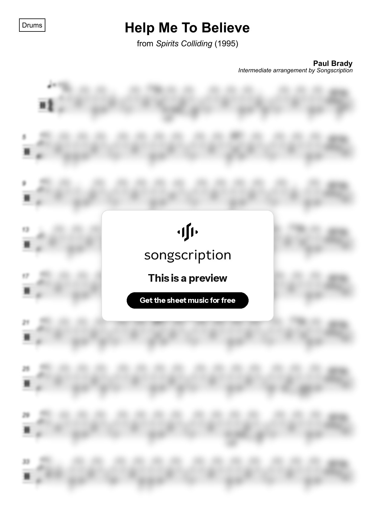 Intermediate Drums Sheet Music for "Help Me To Believe" by Paul Brady