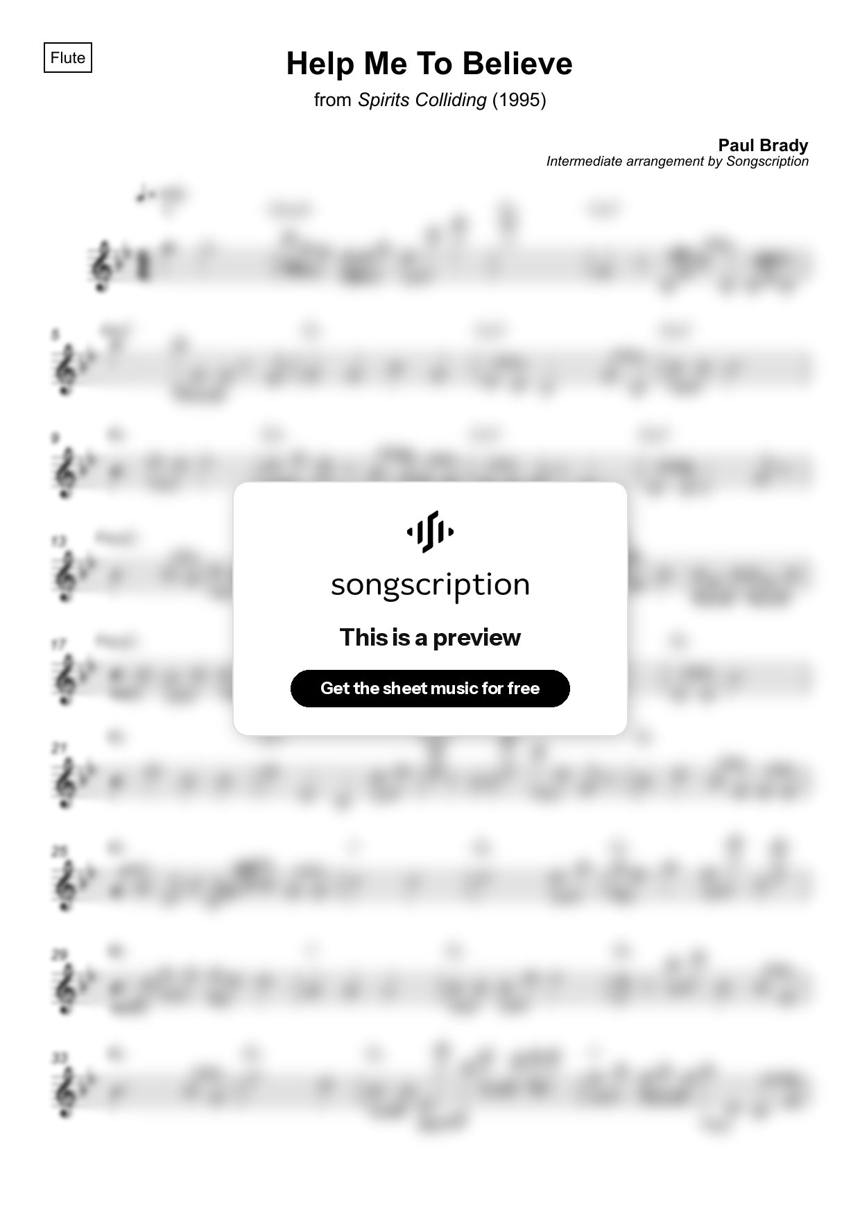 Intermediate Flute Sheet Music for "Help Me To Believe" by Paul Brady