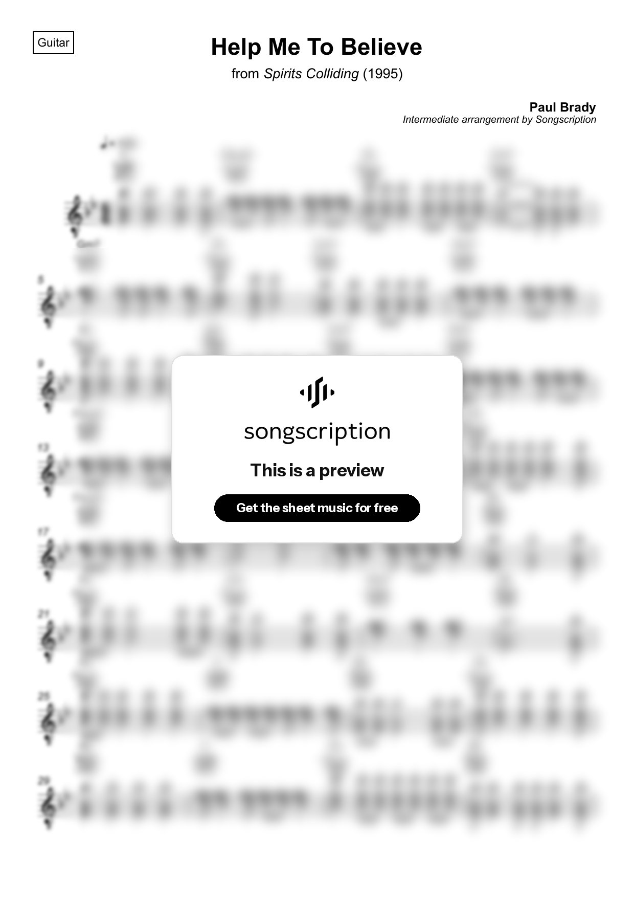 Intermediate Acoustic Guitar Sheet Music for "Help Me To Believe" by Paul Brady