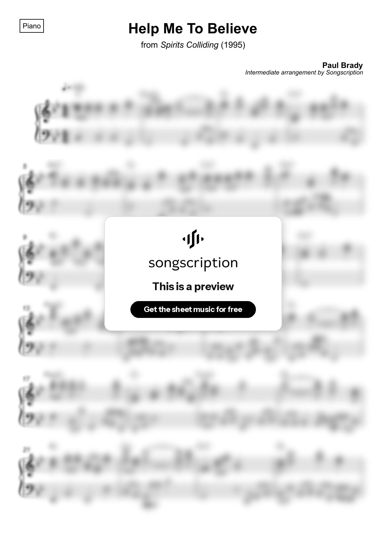 Intermediate Piano Sheet Music for "Help Me To Believe" by Paul Brady