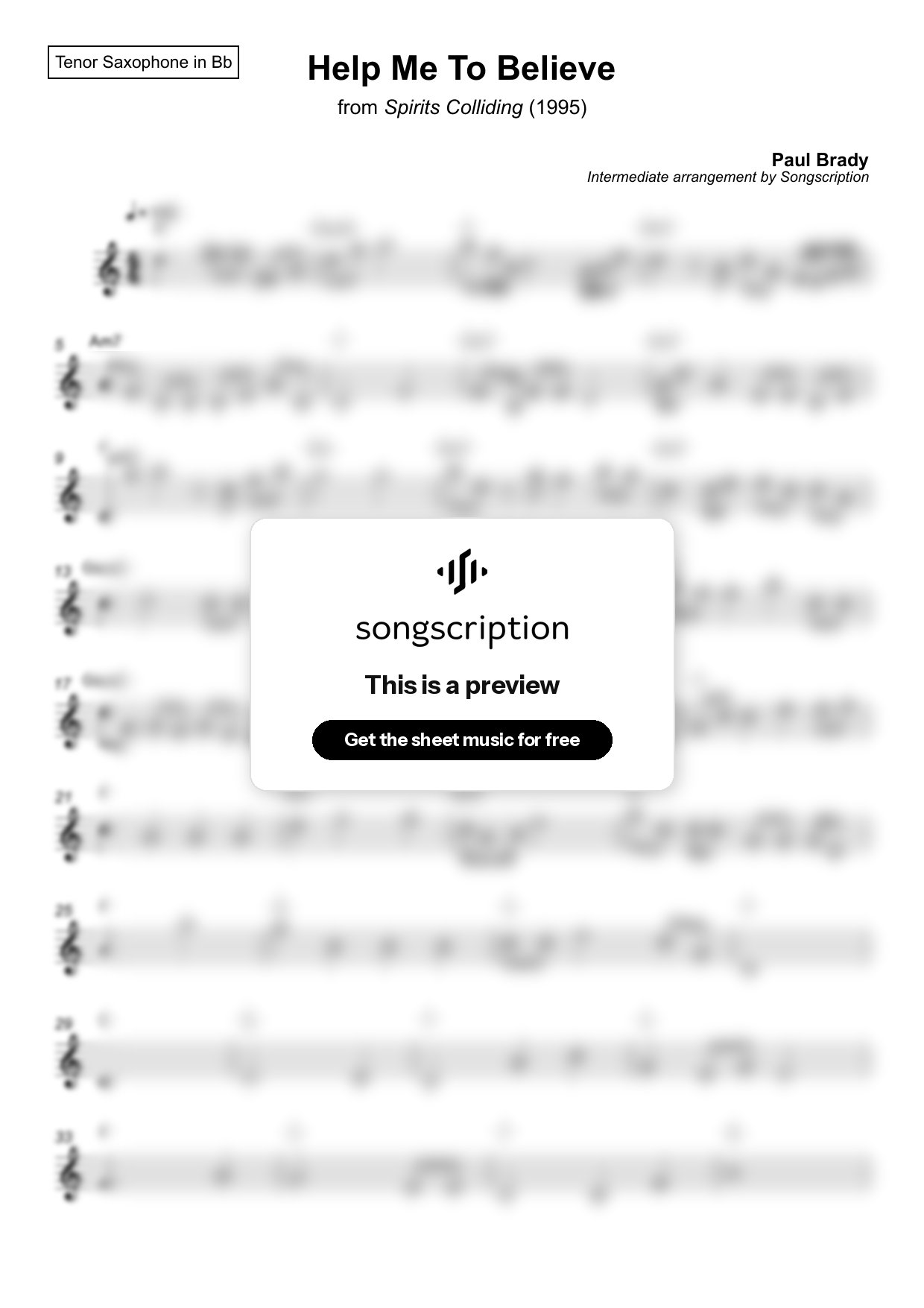 Intermediate Tenor Sax Sheet Music for "Help Me To Believe" by Paul Brady