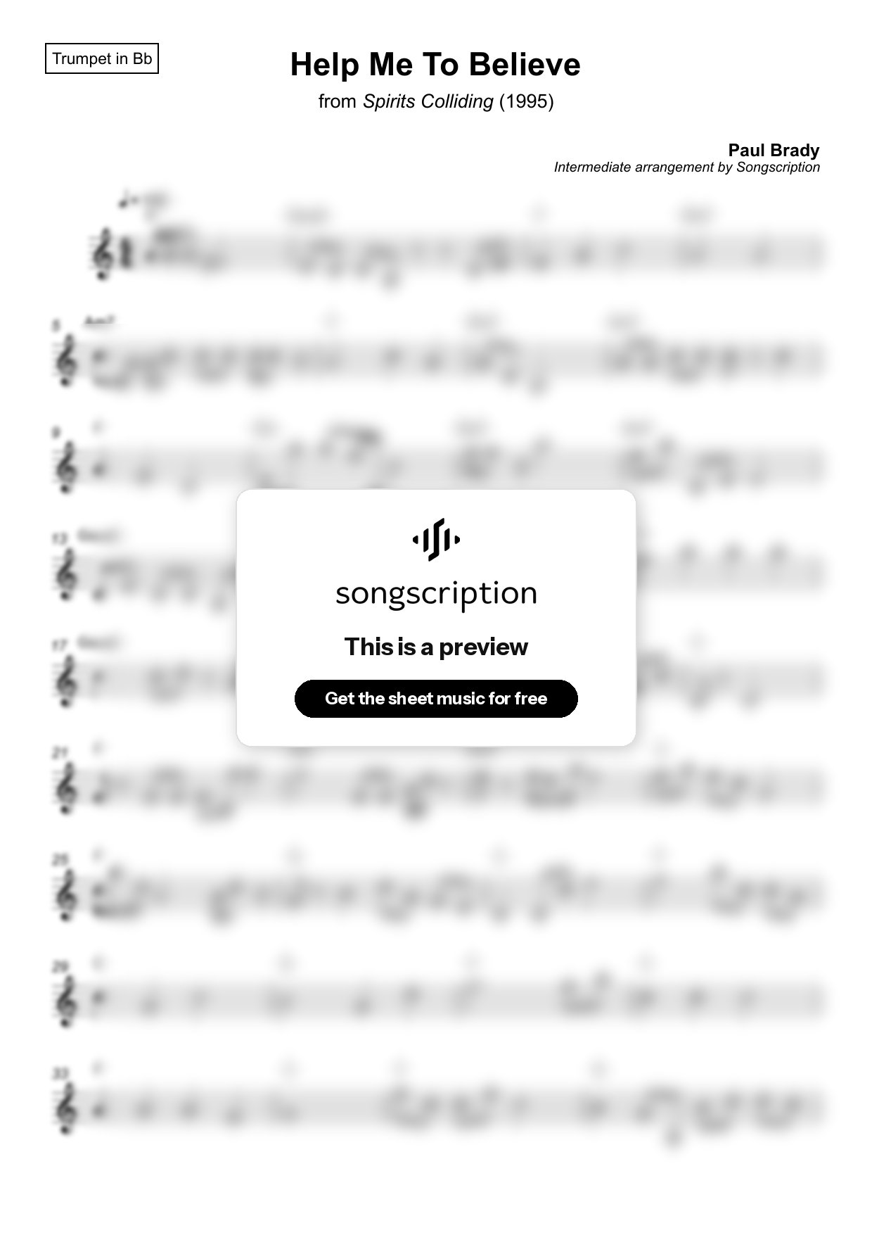 Intermediate Trumpet Sheet Music for "Help Me To Believe" by Paul Brady