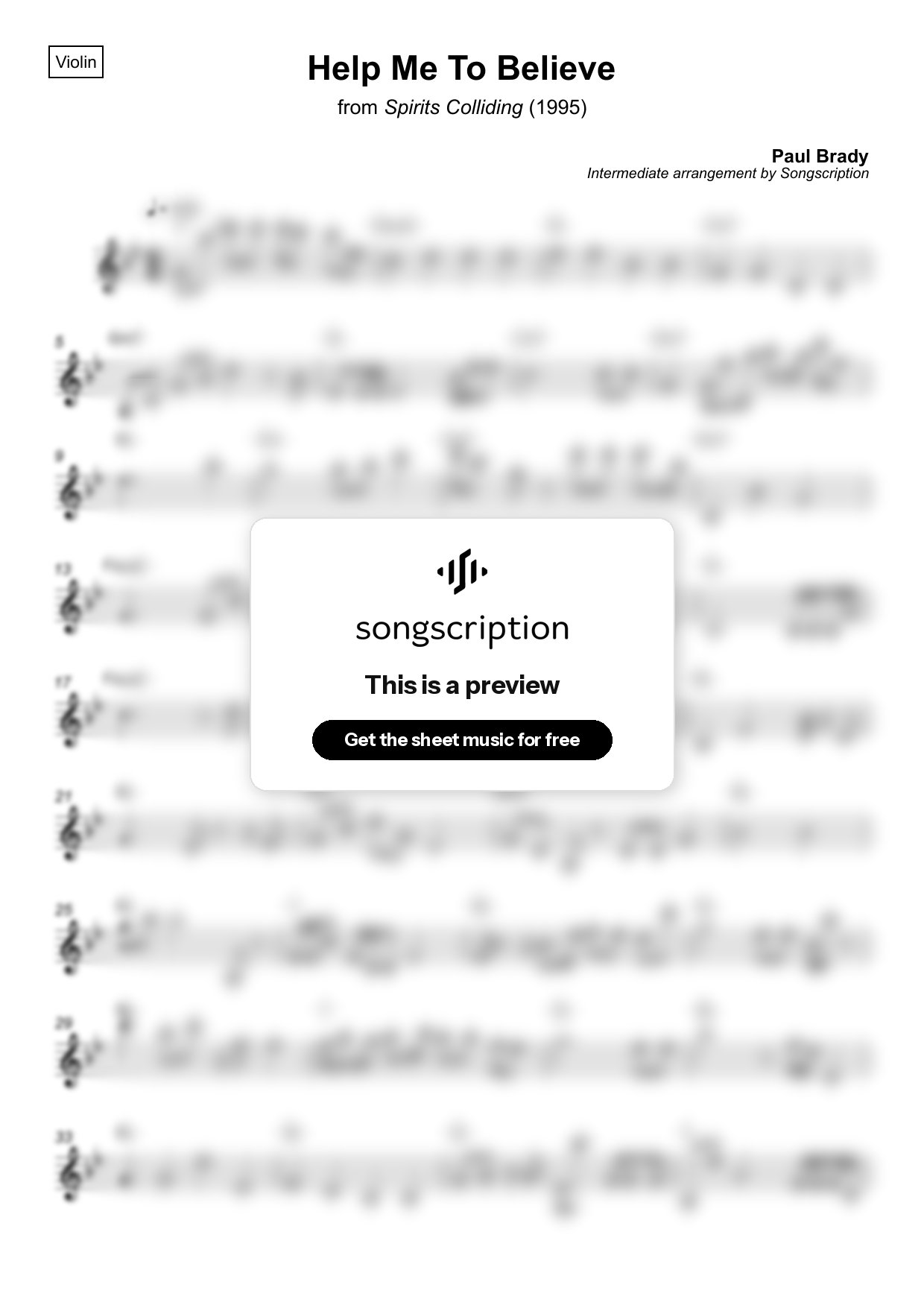 Intermediate Violin Sheet Music for "Help Me To Believe" by Paul Brady