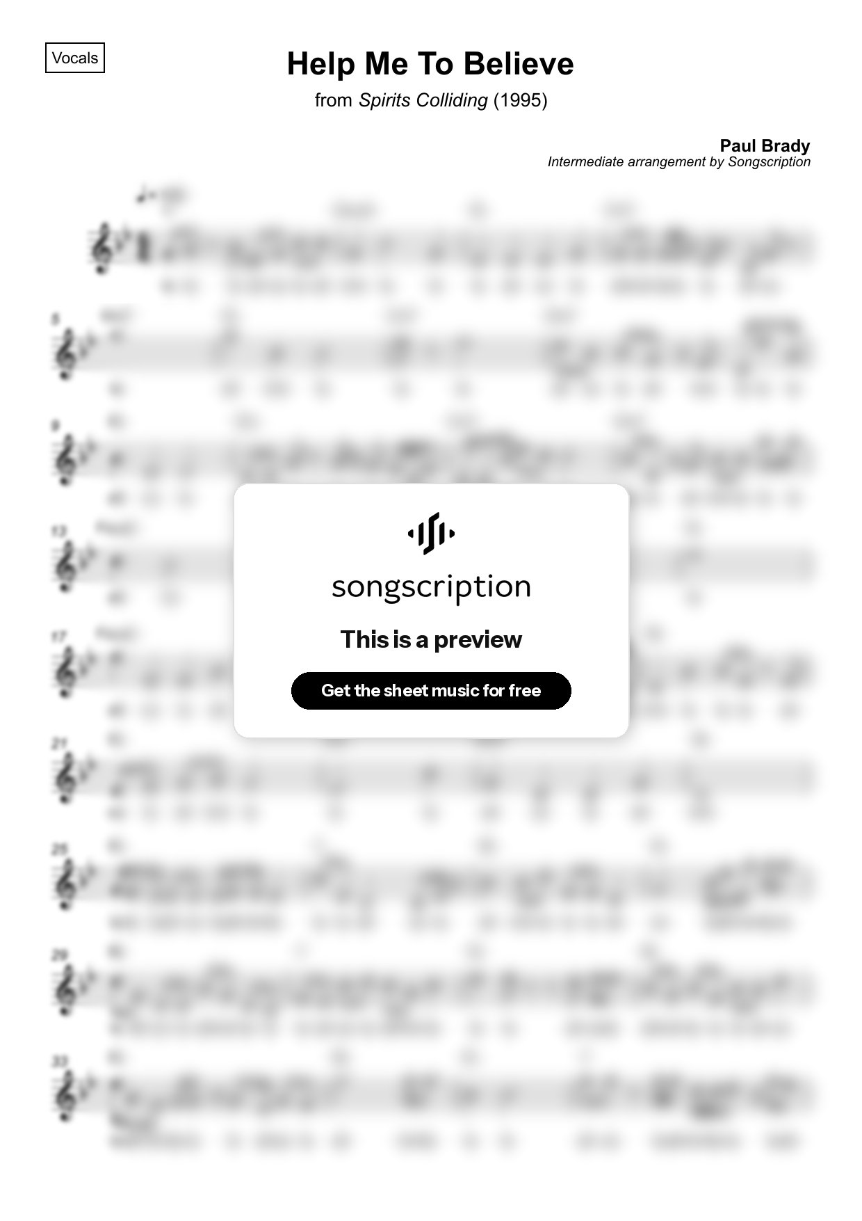 Intermediate Vocals Sheet Music for "Help Me To Believe" by Paul Brady