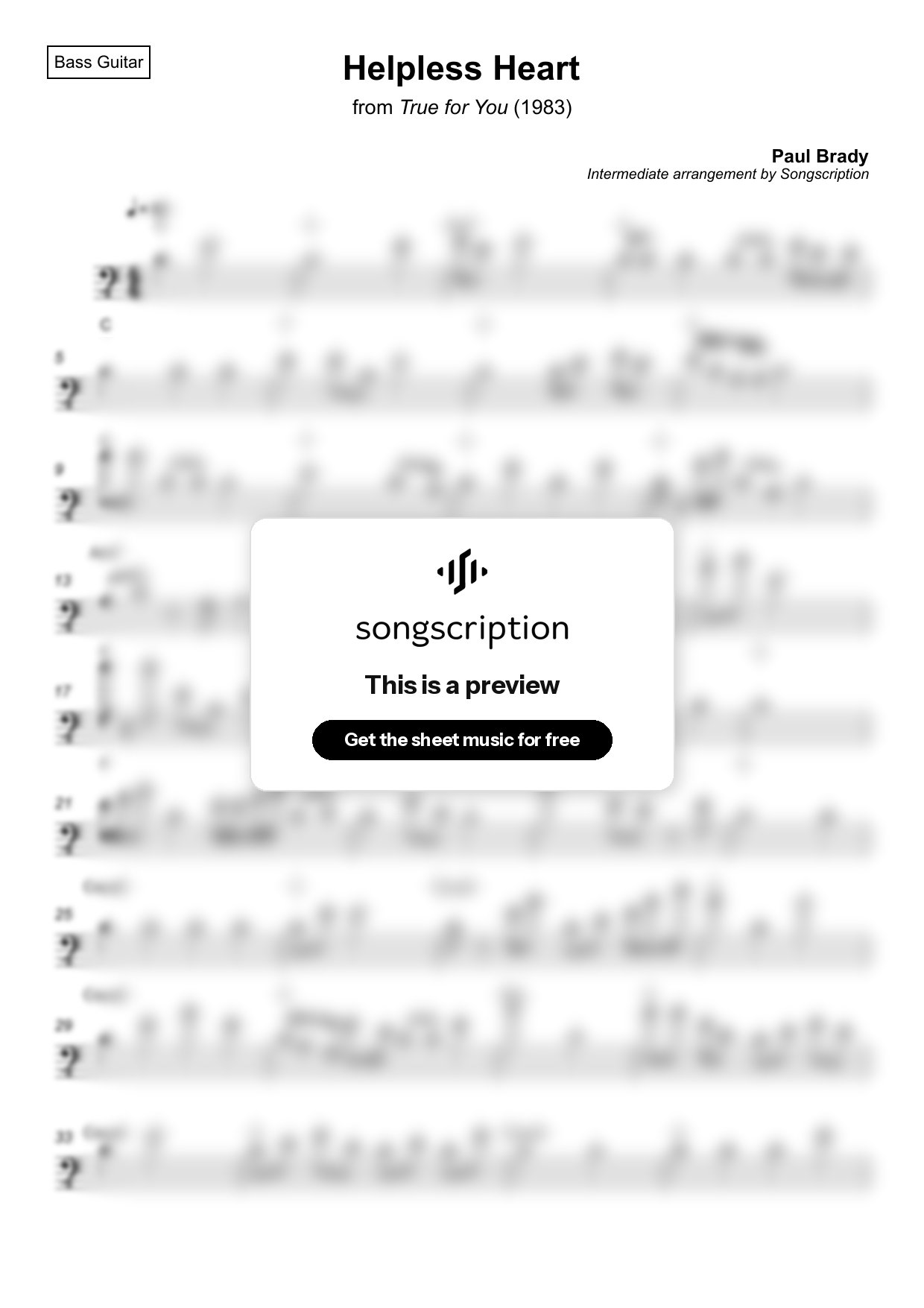 Intermediate Bass Guitar Sheet Music for "Helpless Heart" by Paul Brady