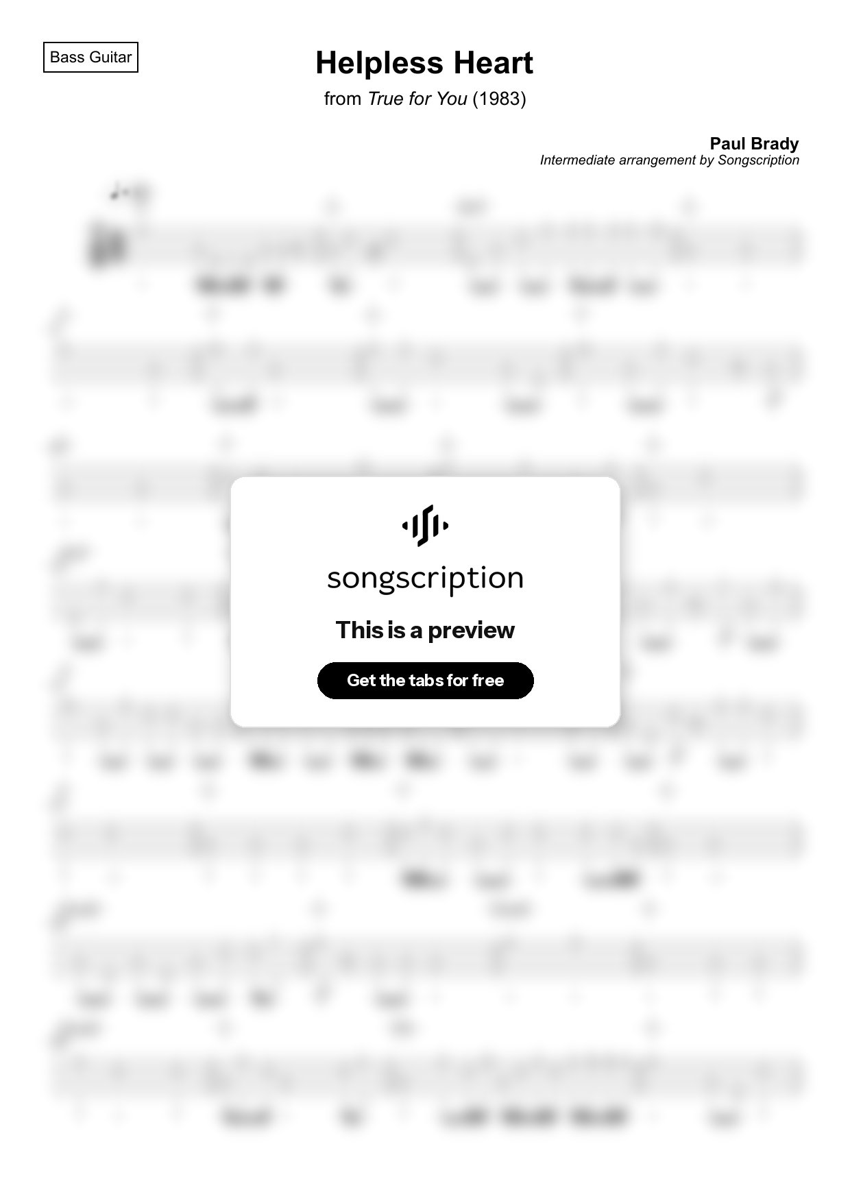 Intermediate Bass Guitar Tabs for "Helpless Heart" by Paul Brady