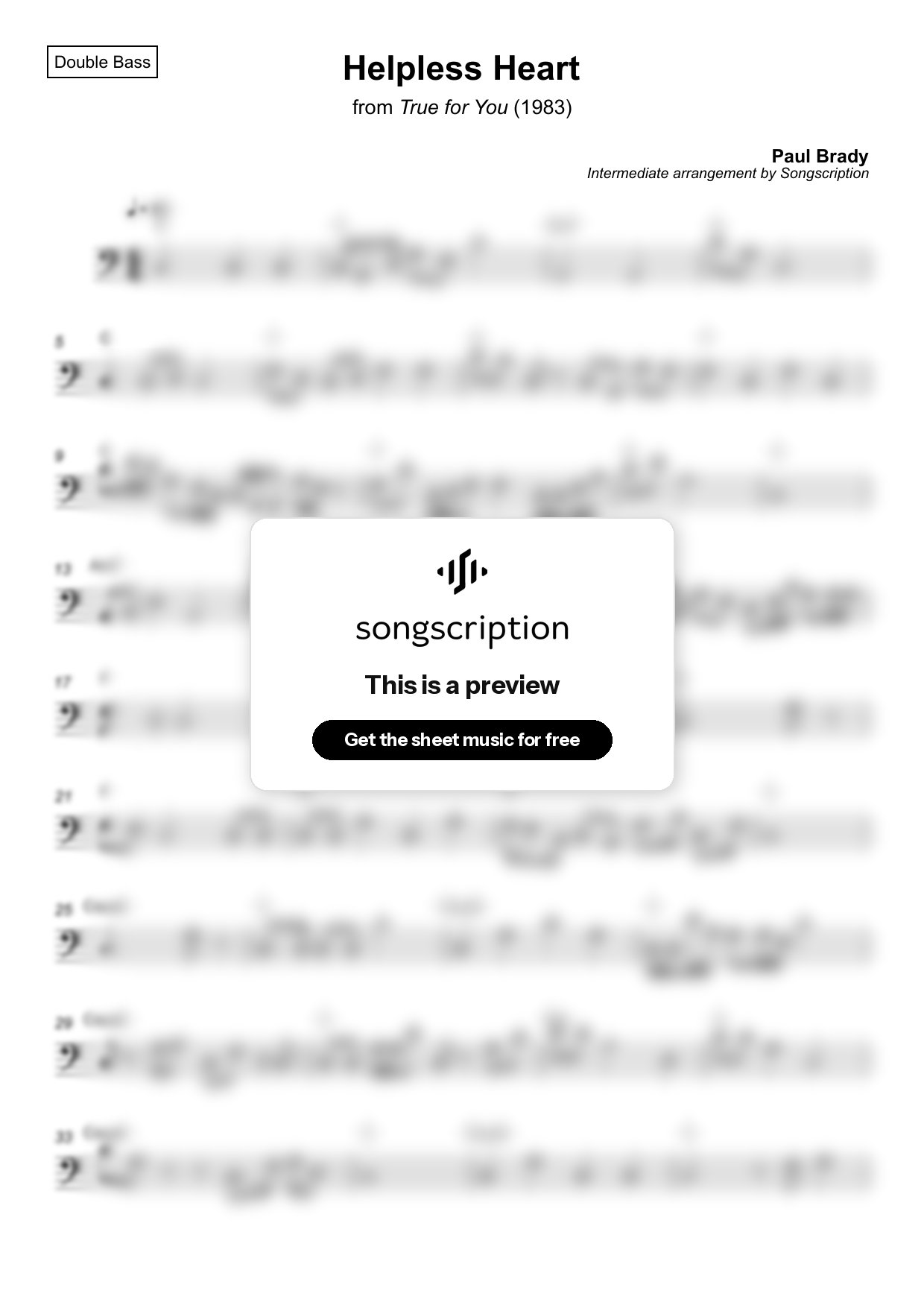 Intermediate Double Bass Sheet Music for "Helpless Heart" by Paul Brady