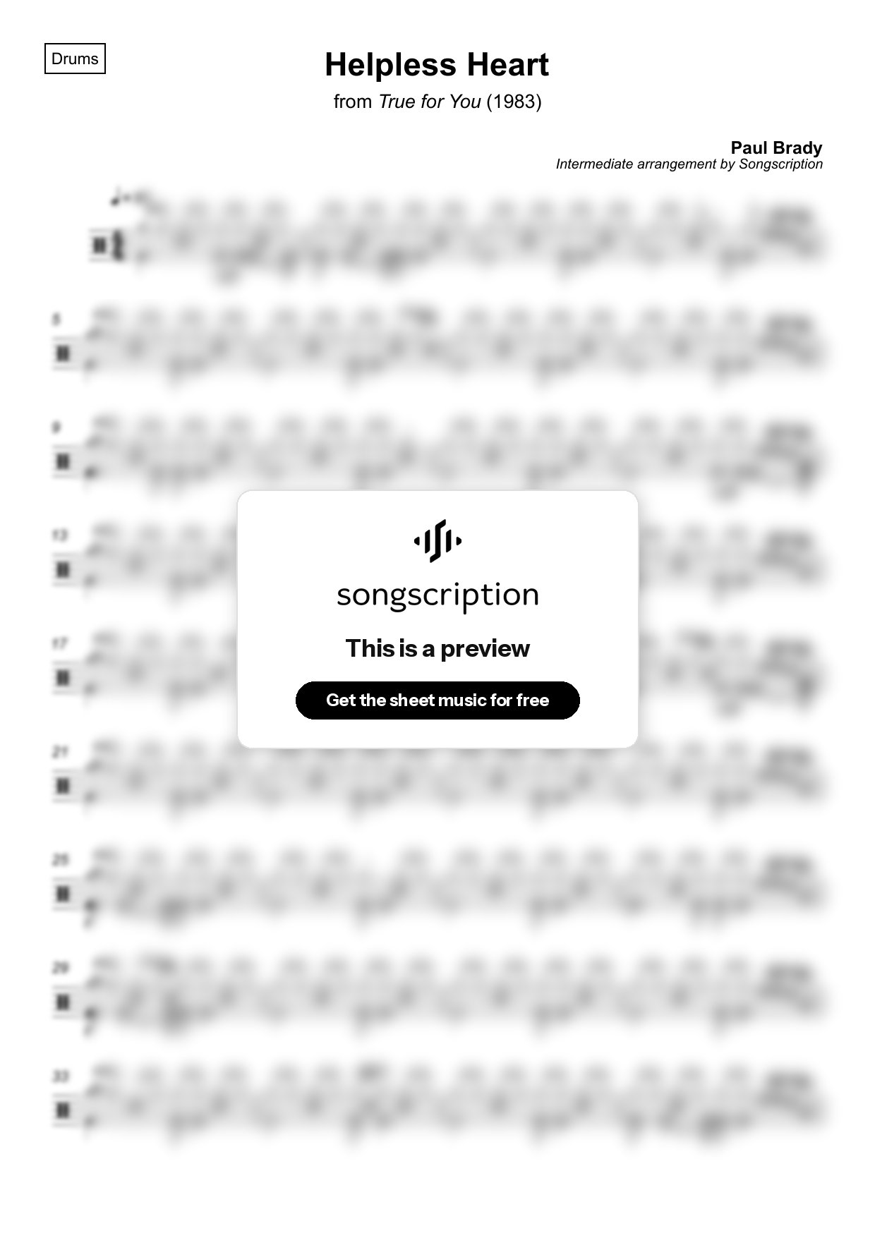 Intermediate Drums Sheet Music for "Helpless Heart" by Paul Brady