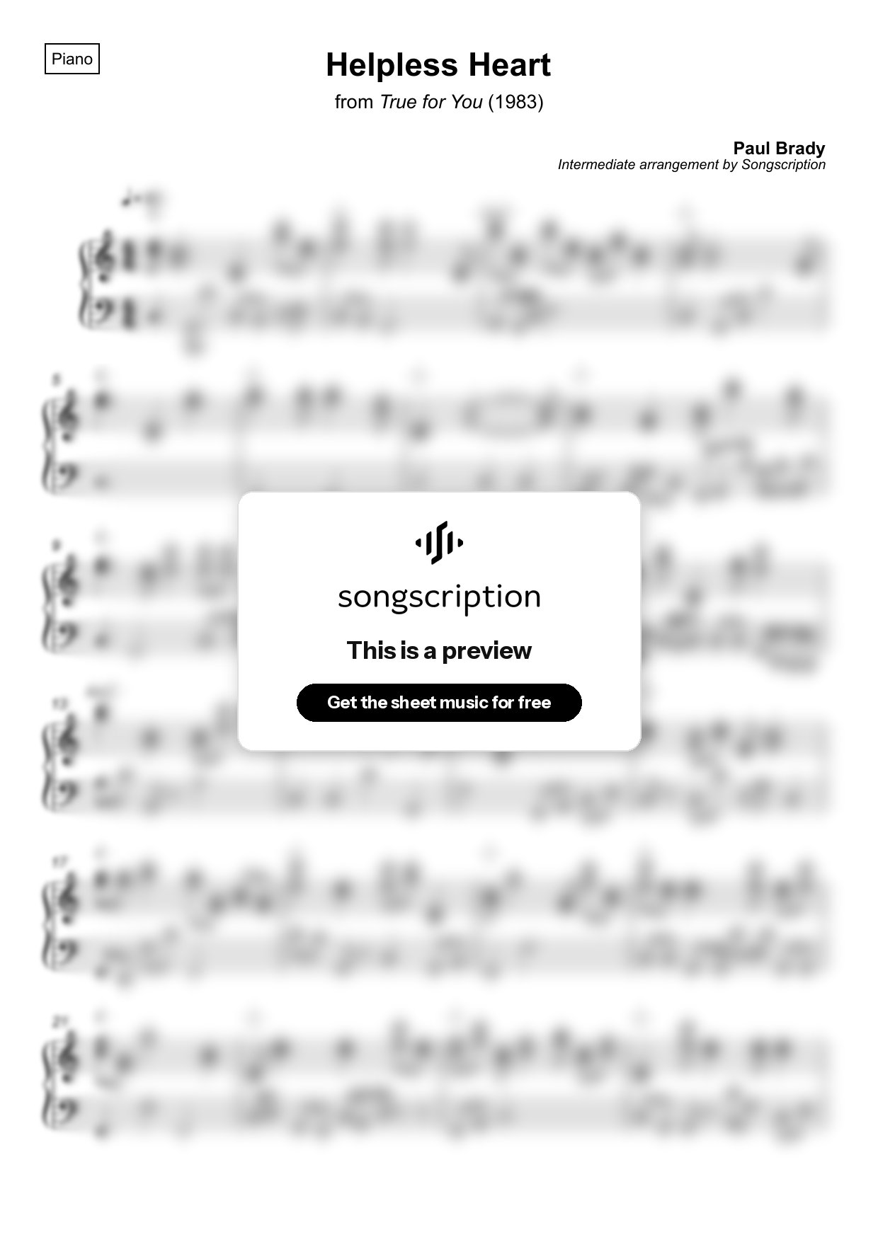 Intermediate Piano Sheet Music for "Helpless Heart" by Paul Brady