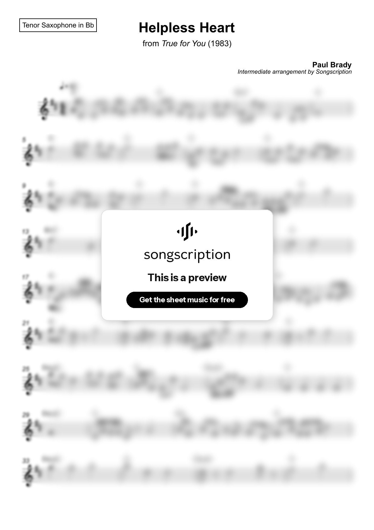 Intermediate Tenor Sax Sheet Music for "Helpless Heart" by Paul Brady
