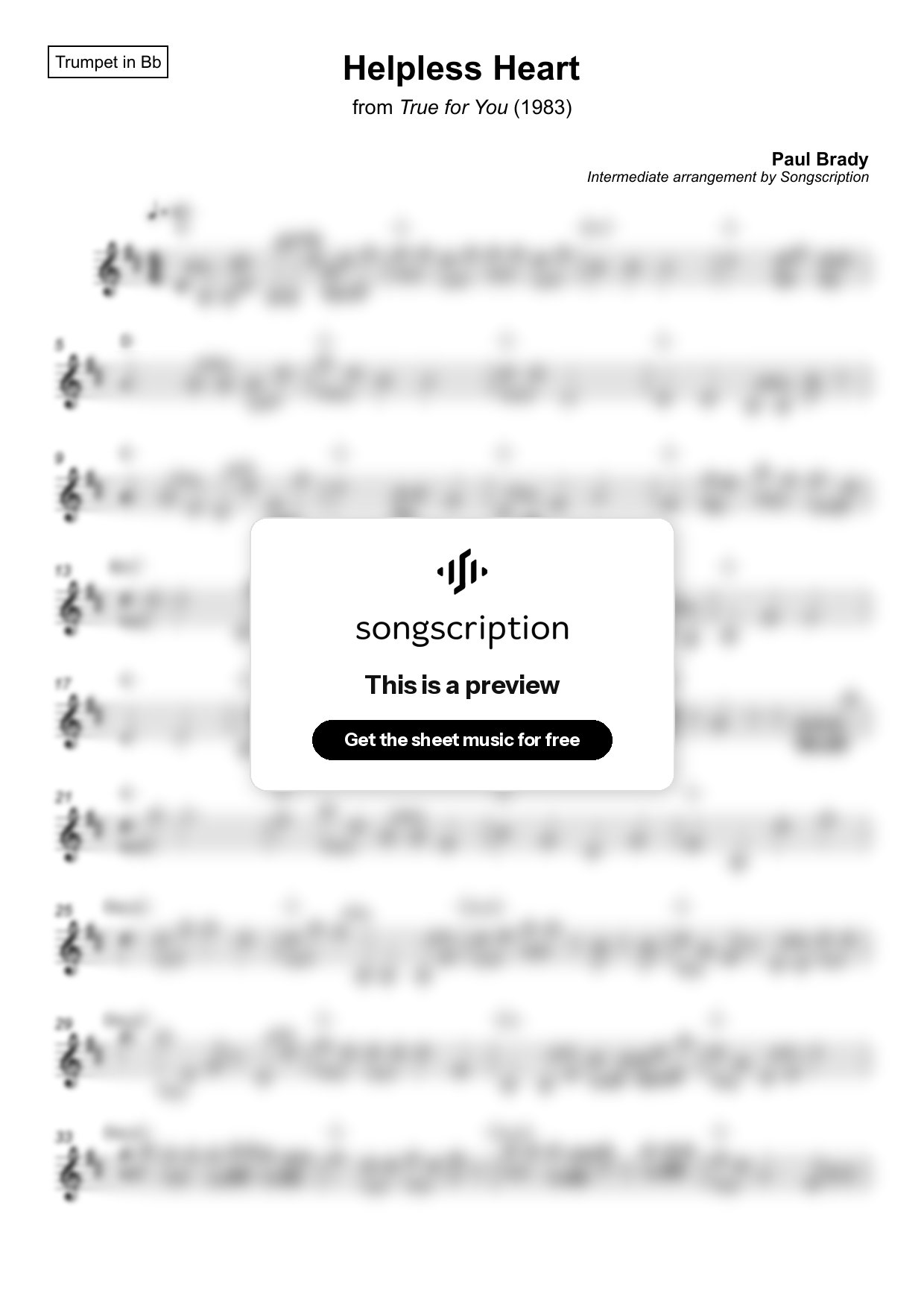 Intermediate Trumpet Sheet Music for "Helpless Heart" by Paul Brady
