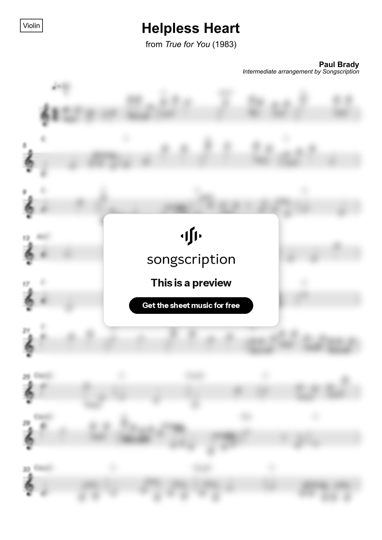 Intermediate Violin Sheet Music for "Helpless Heart" by Paul Brady
