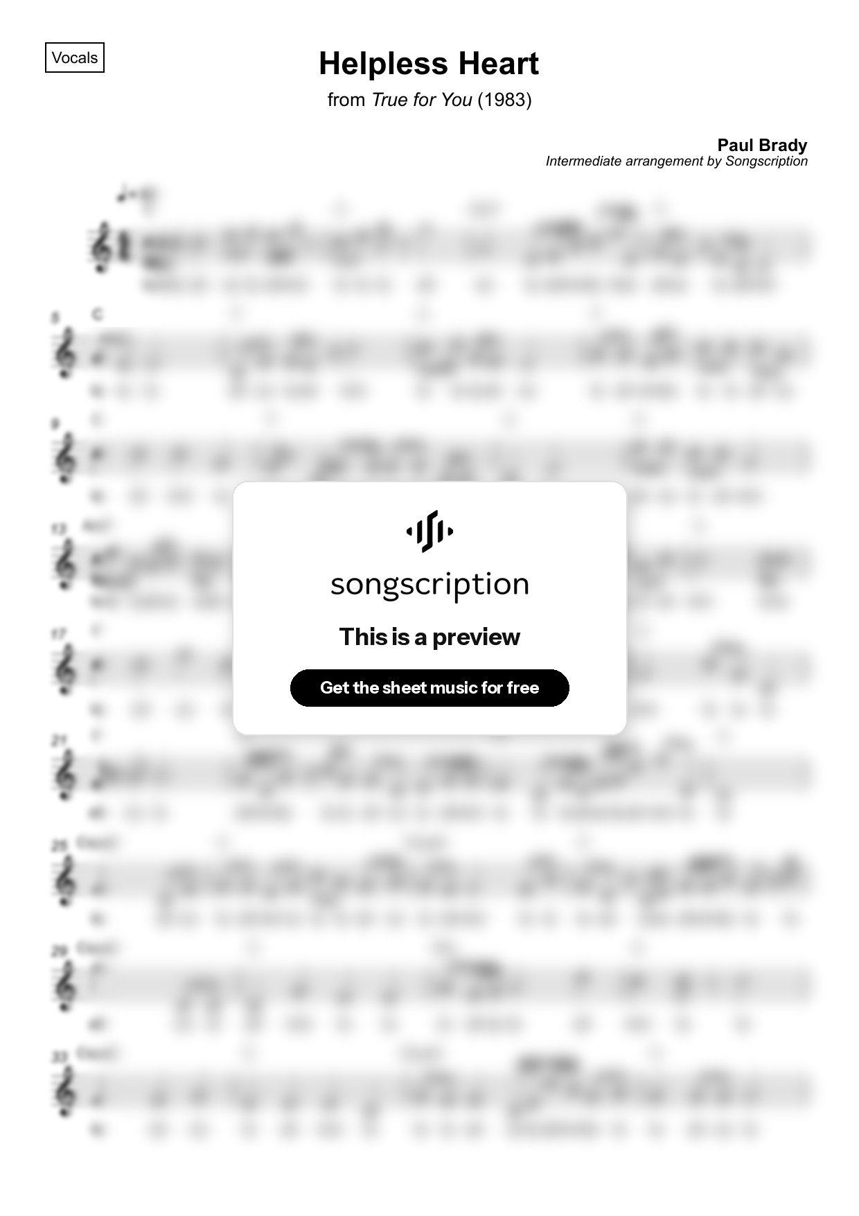 Intermediate Vocals Sheet Music for "Helpless Heart" by Paul Brady