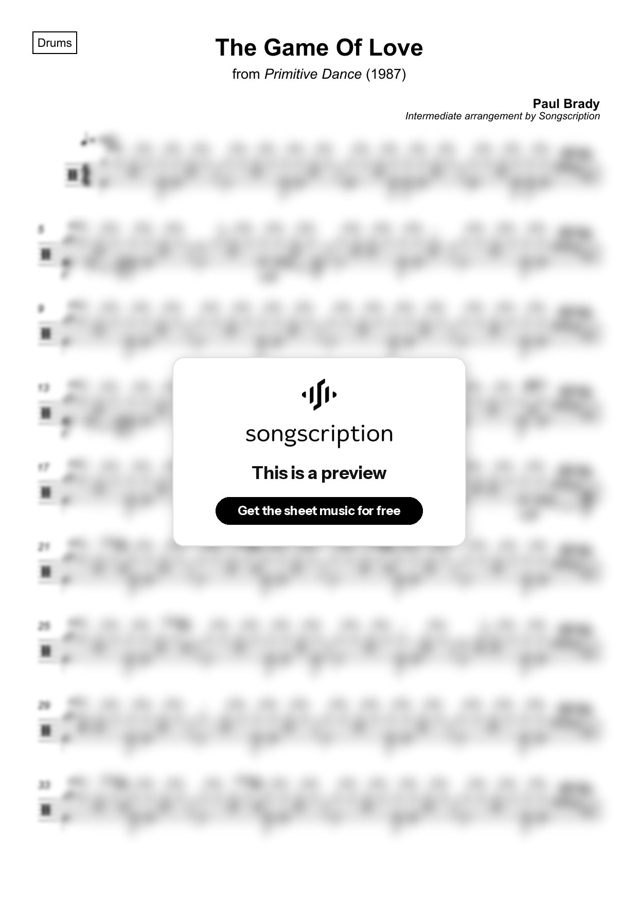 Intermediate Drums Sheet Music for "The Game Of Love" by Paul Brady