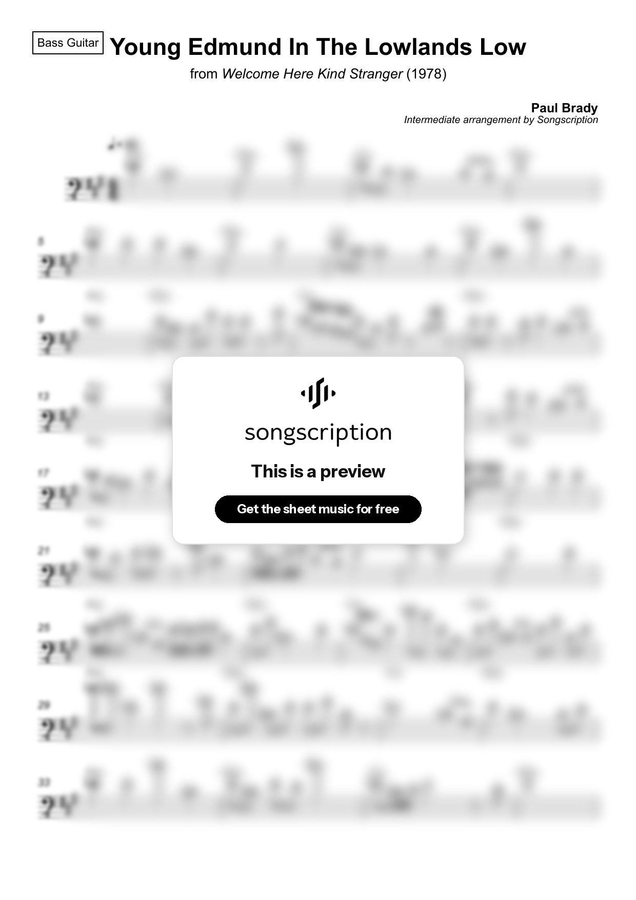 Intermediate Bass Guitar Sheet Music for "Young Edmund In The Lowlands Low" by Paul Brady