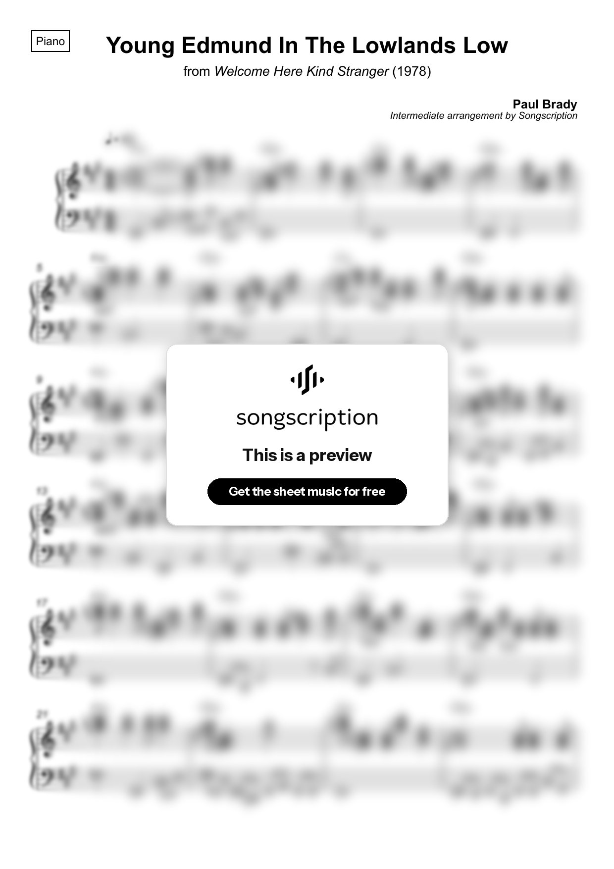 Intermediate Piano Sheet Music for "Young Edmund In The Lowlands Low" by Paul Brady