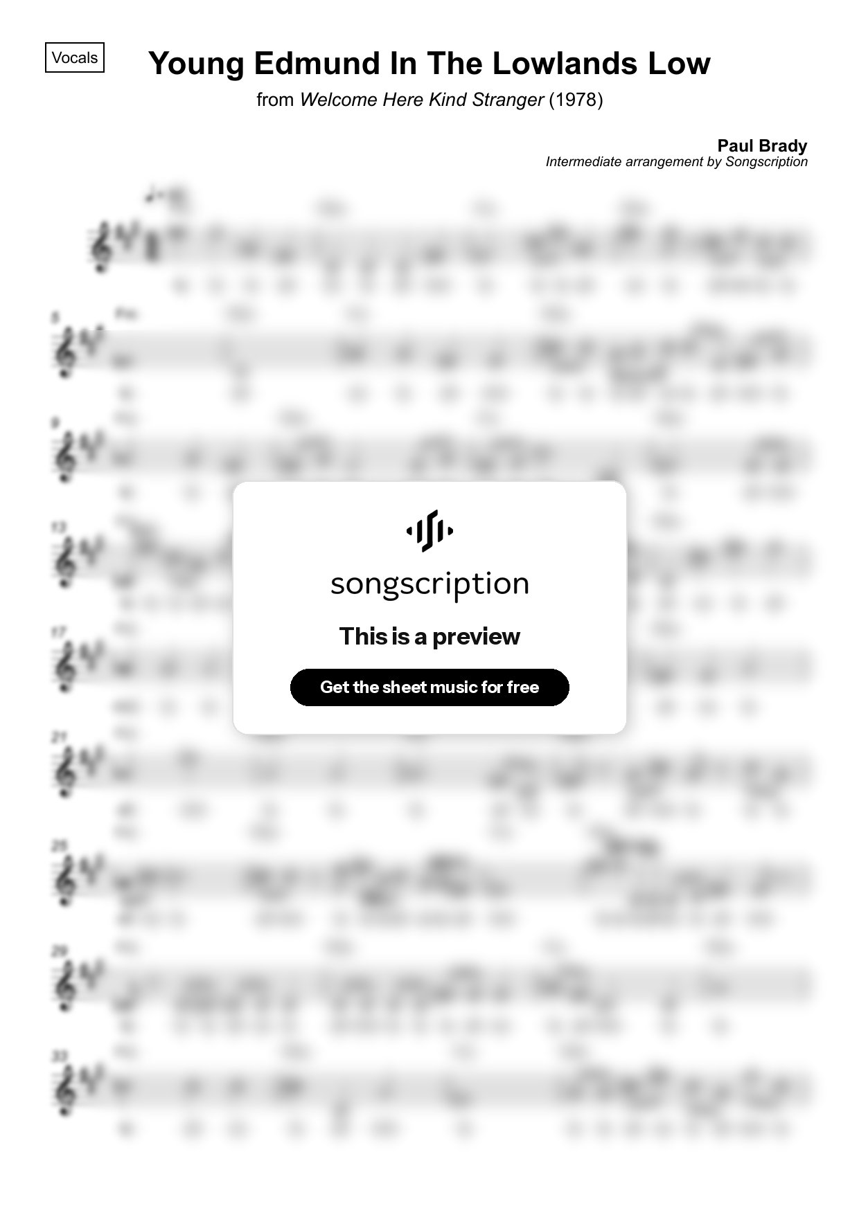 Intermediate Vocals Sheet Music for "Young Edmund In The Lowlands Low" by Paul Brady