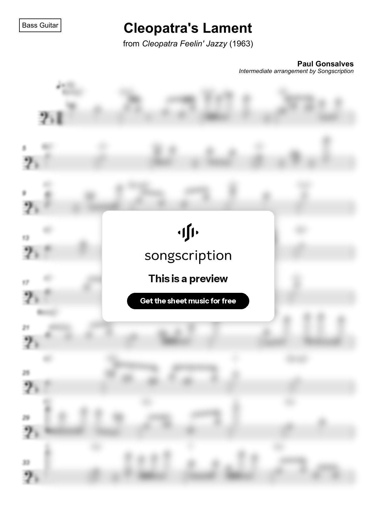 Intermediate Bass Guitar Sheet Music for "Cleopatra's Lament" by Paul Gonsalves