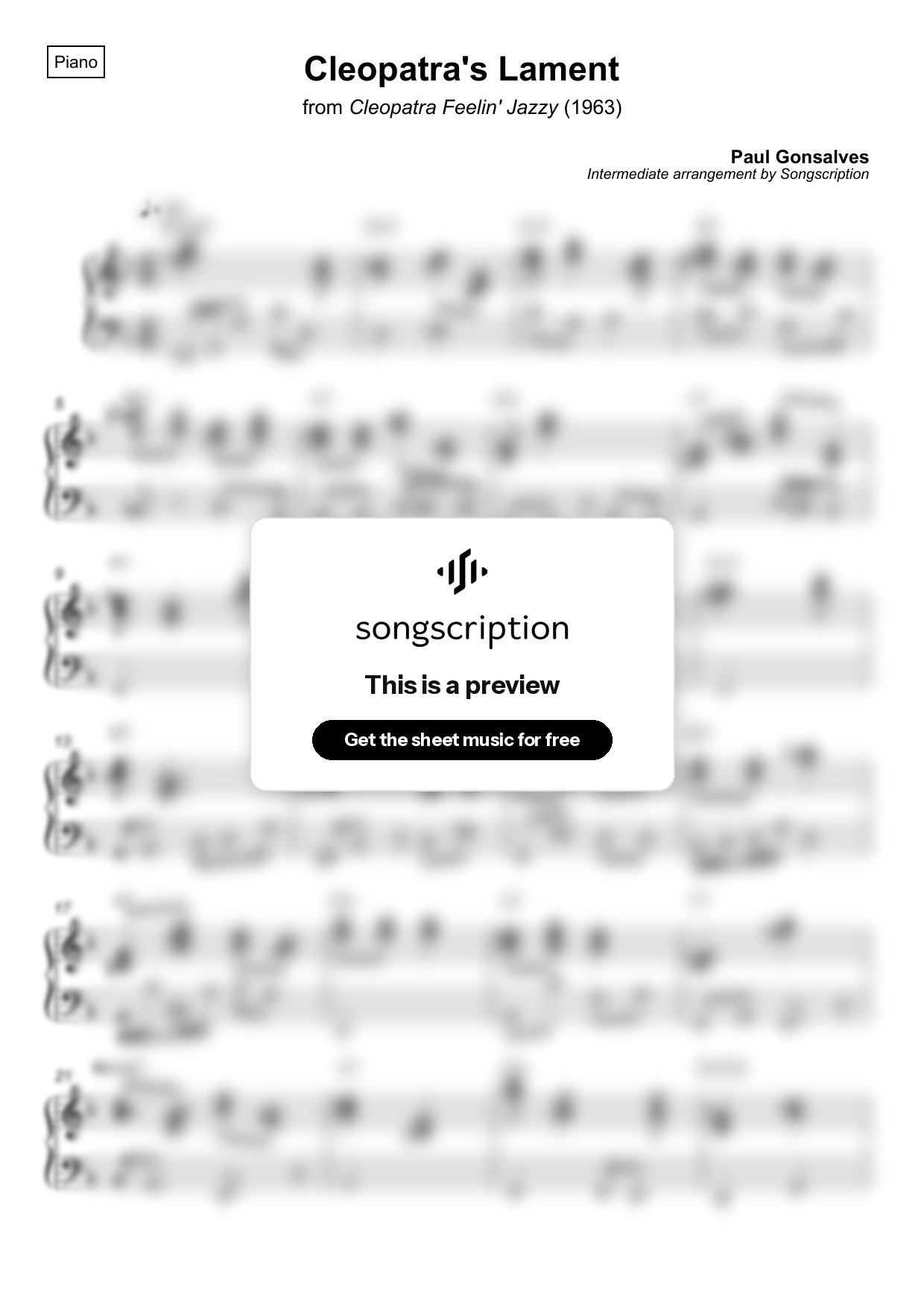 Intermediate Piano Sheet Music for "Cleopatra's Lament" by Paul Gonsalves