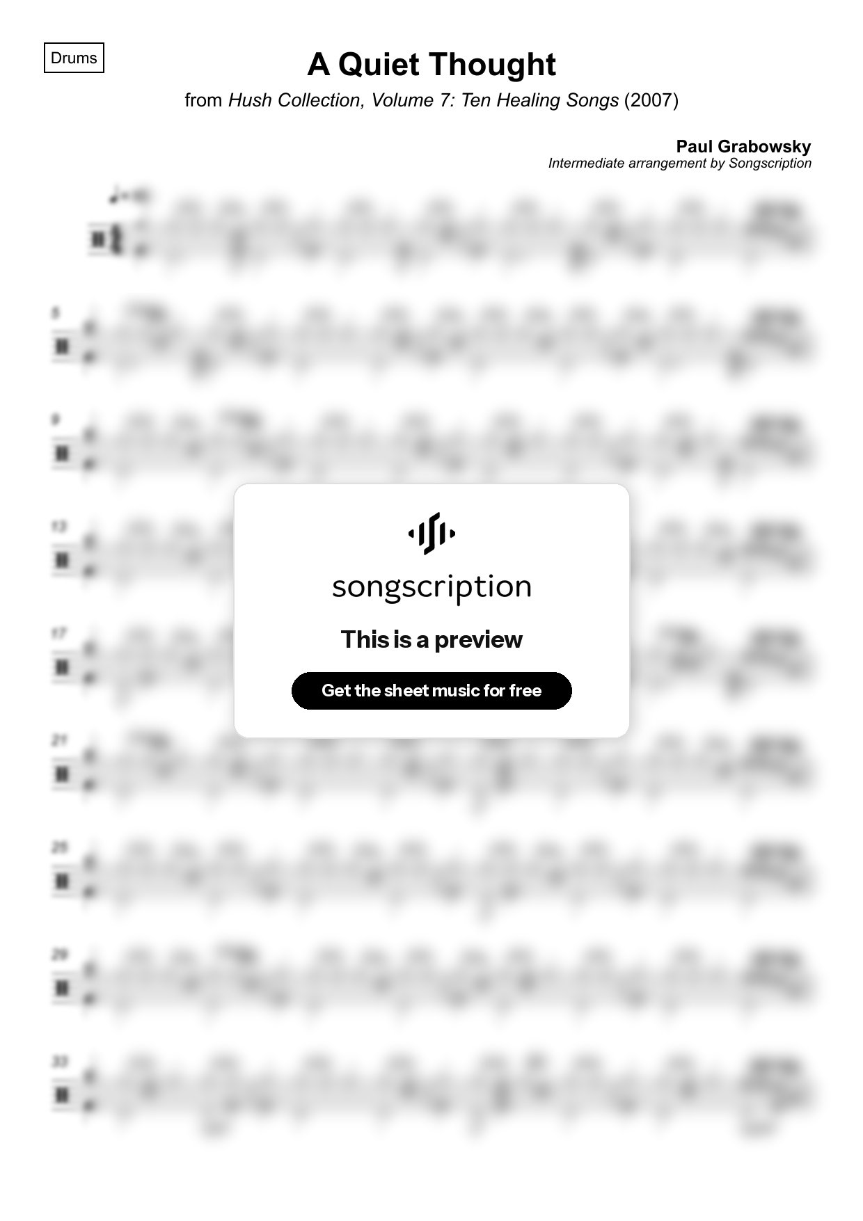 Intermediate Drums Sheet Music for "A Quiet Thought" by Paul Grabowsky