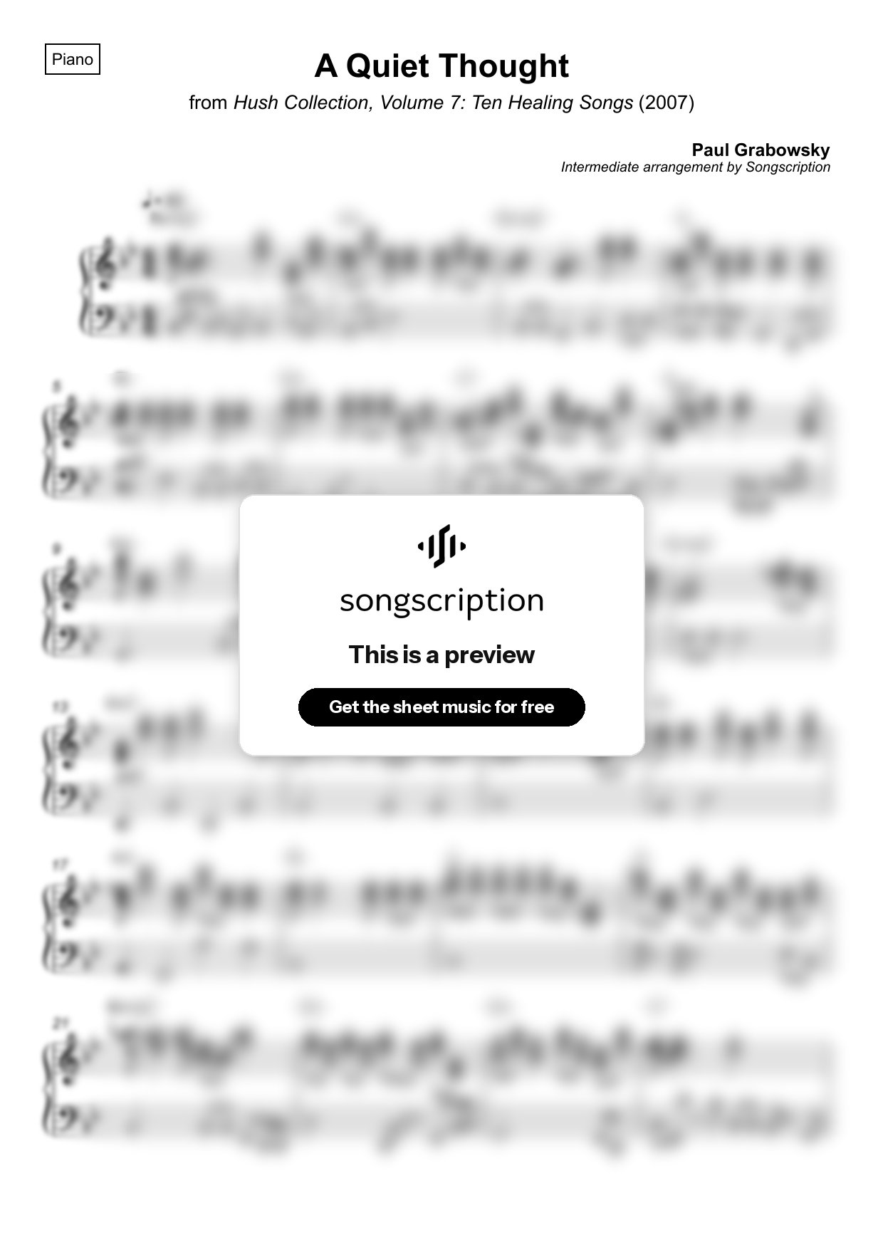 Intermediate Piano Sheet Music for "A Quiet Thought" by Paul Grabowsky