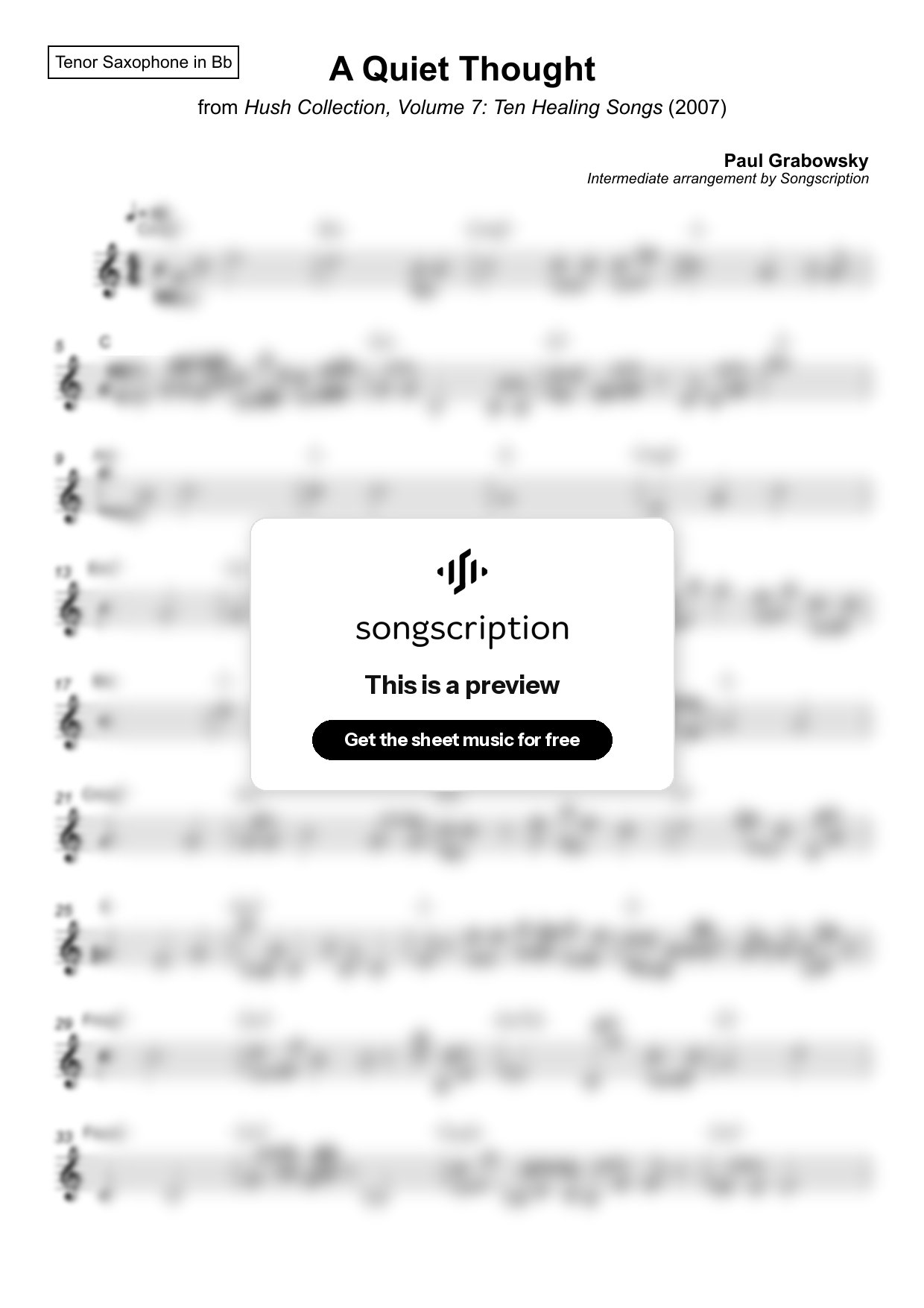 Intermediate Tenor Sax Sheet Music for "A Quiet Thought" by Paul Grabowsky