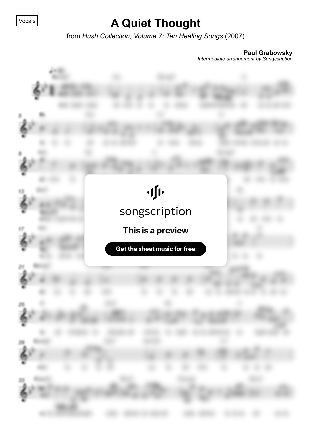 Intermediate Vocals Sheet Music for "A Quiet Thought" by Paul Grabowsky