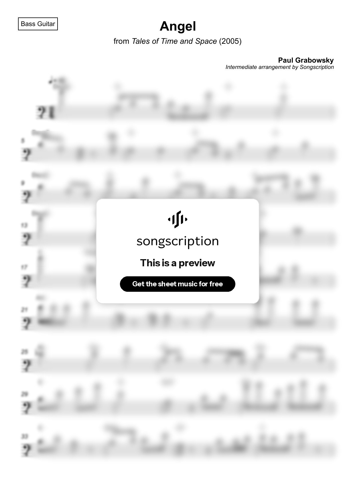 Intermediate Bass Guitar Sheet Music for "Angel" by Paul Grabowsky