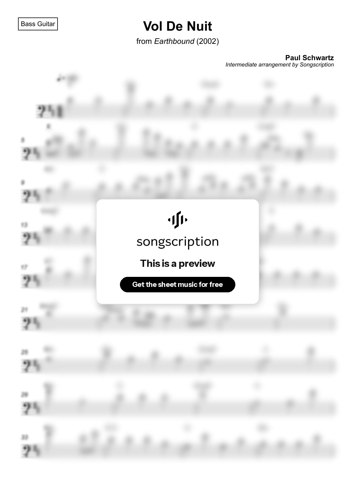 Intermediate Bass Guitar Sheet Music for "Vol De Nuit" by Paul Schwartz