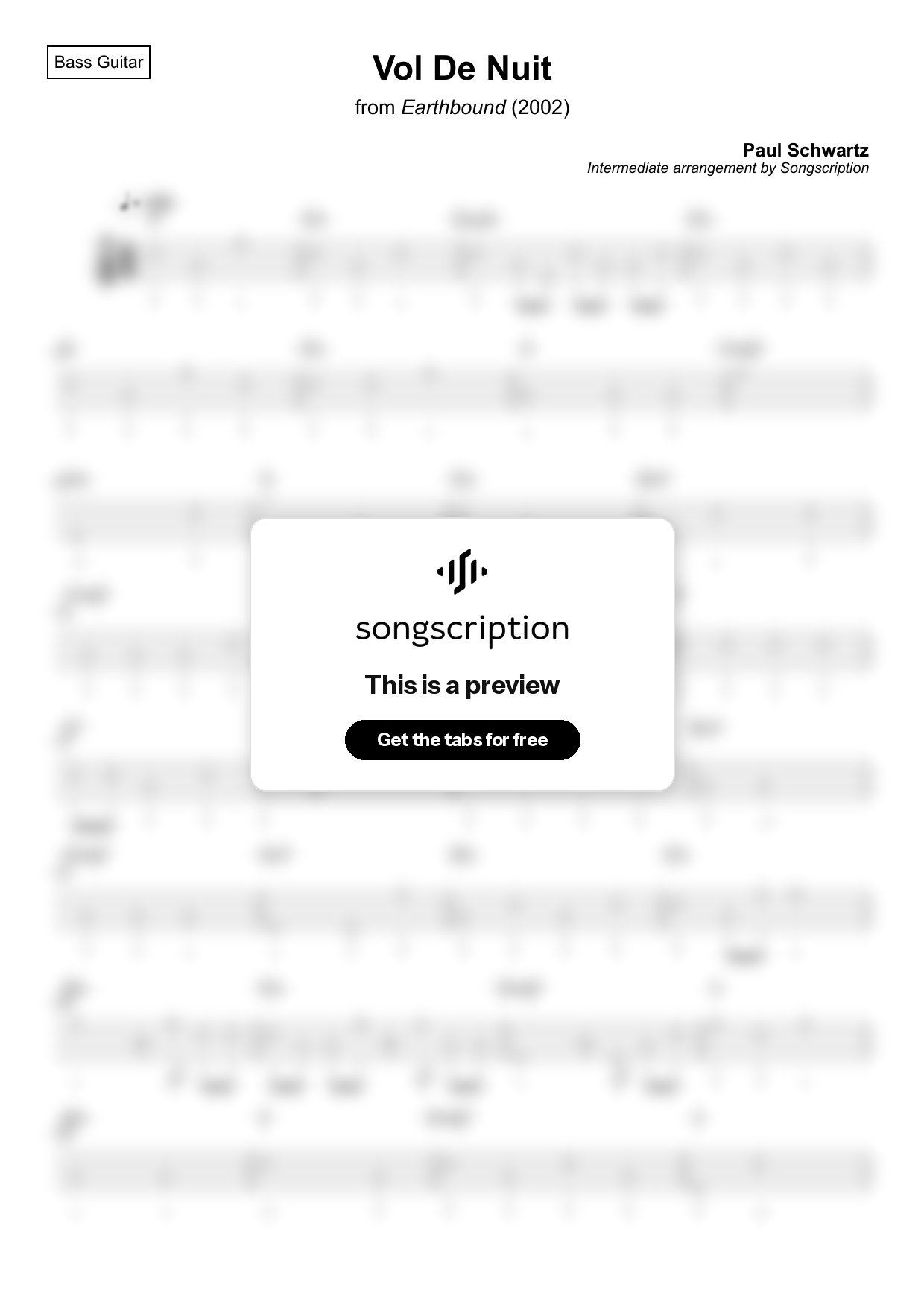 Intermediate Bass Guitar Tabs for "Vol De Nuit" by Paul Schwartz
