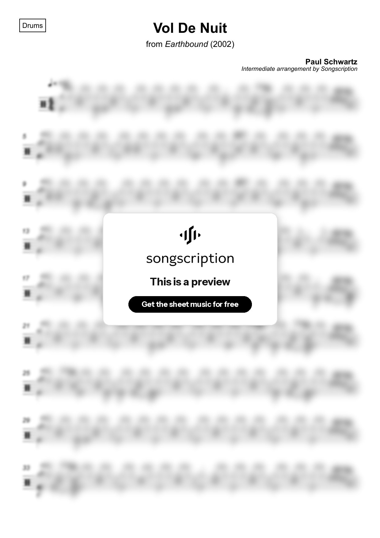 Intermediate Drums Sheet Music for "Vol De Nuit" by Paul Schwartz