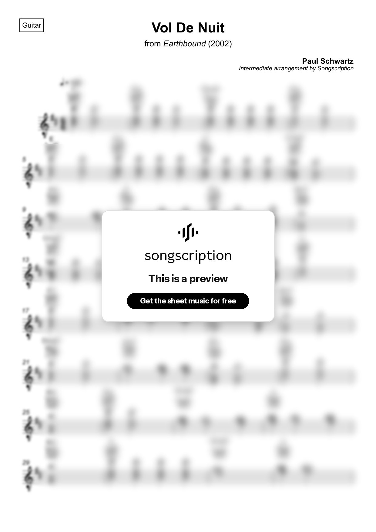 Intermediate Acoustic Guitar Sheet Music for "Vol De Nuit" by Paul Schwartz