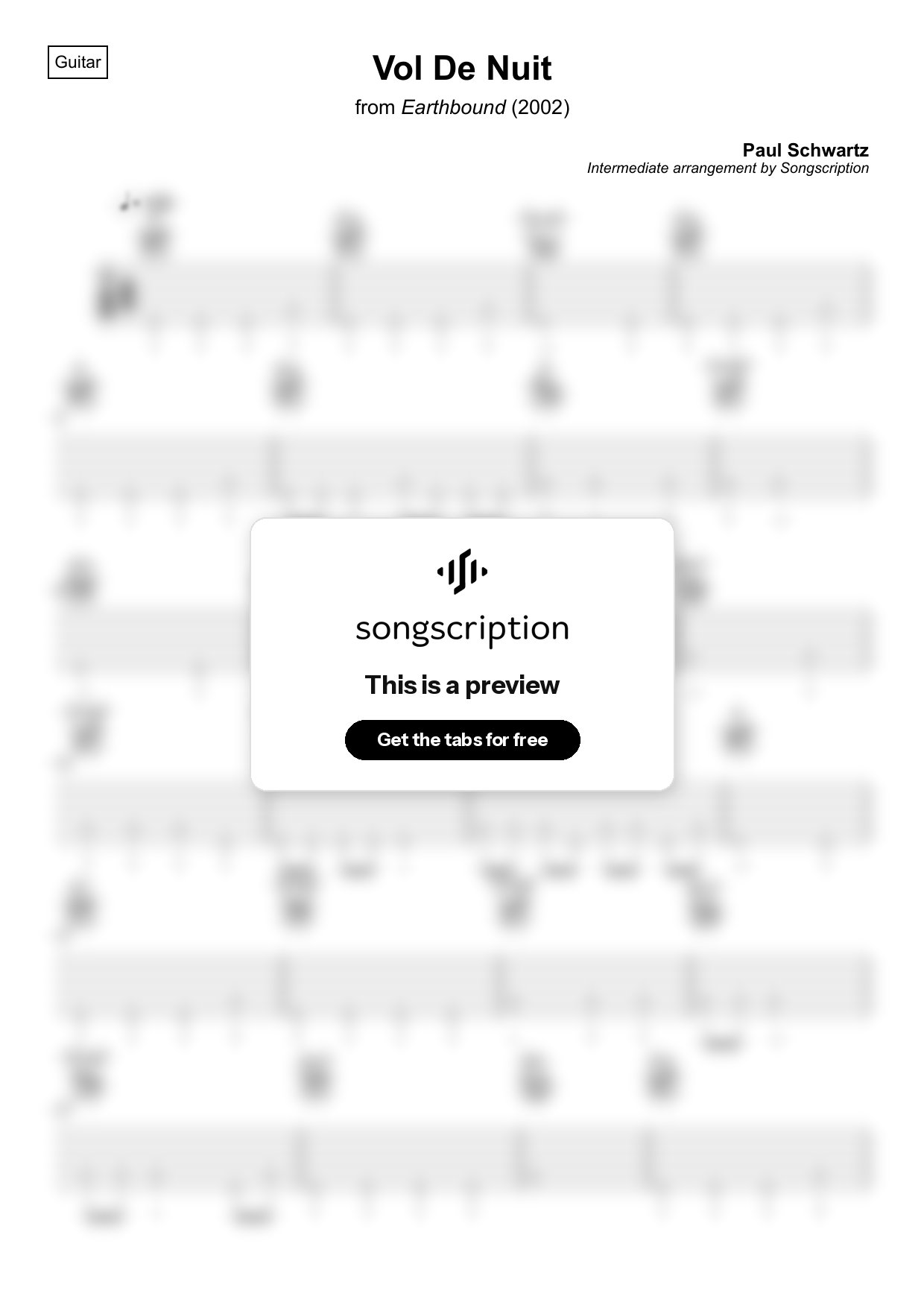 Intermediate Acoustic Guitar Tabs for "Vol De Nuit" by Paul Schwartz