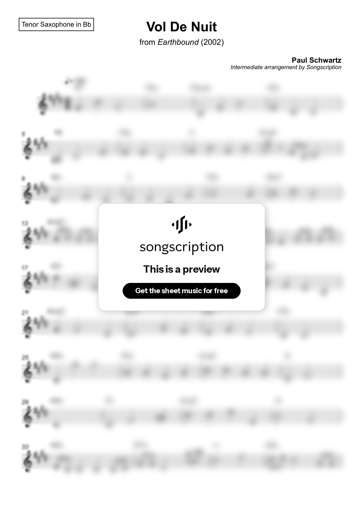 Intermediate Tenor Sax Sheet Music for "Vol De Nuit" by Paul Schwartz