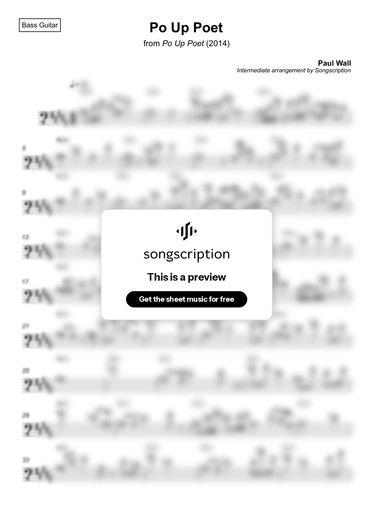 Intermediate Bass Guitar Sheet Music for "Po Up Poet" by Paul Wall