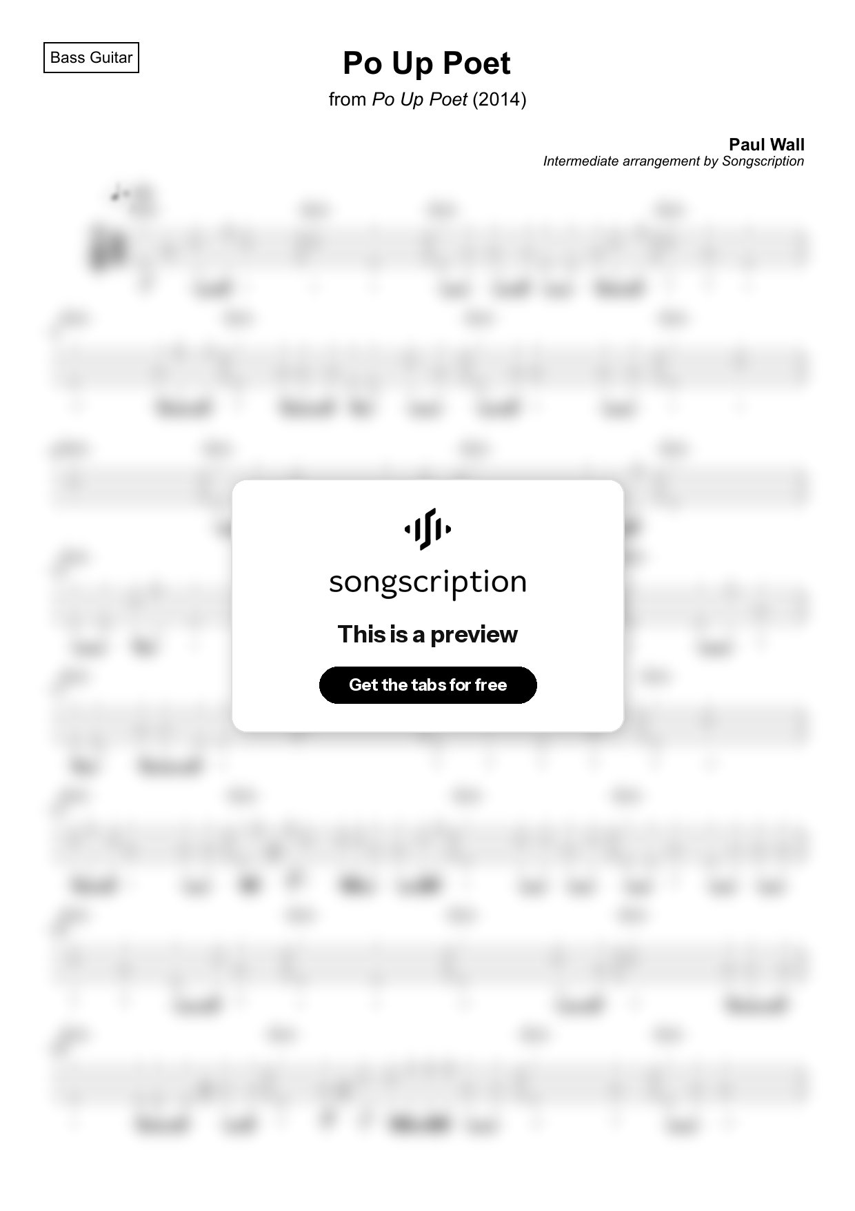 Intermediate Bass Guitar Tabs for "Po Up Poet" by Paul Wall