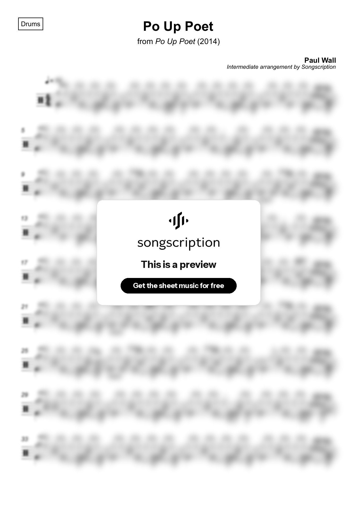 Intermediate Drums Sheet Music for "Po Up Poet" by Paul Wall