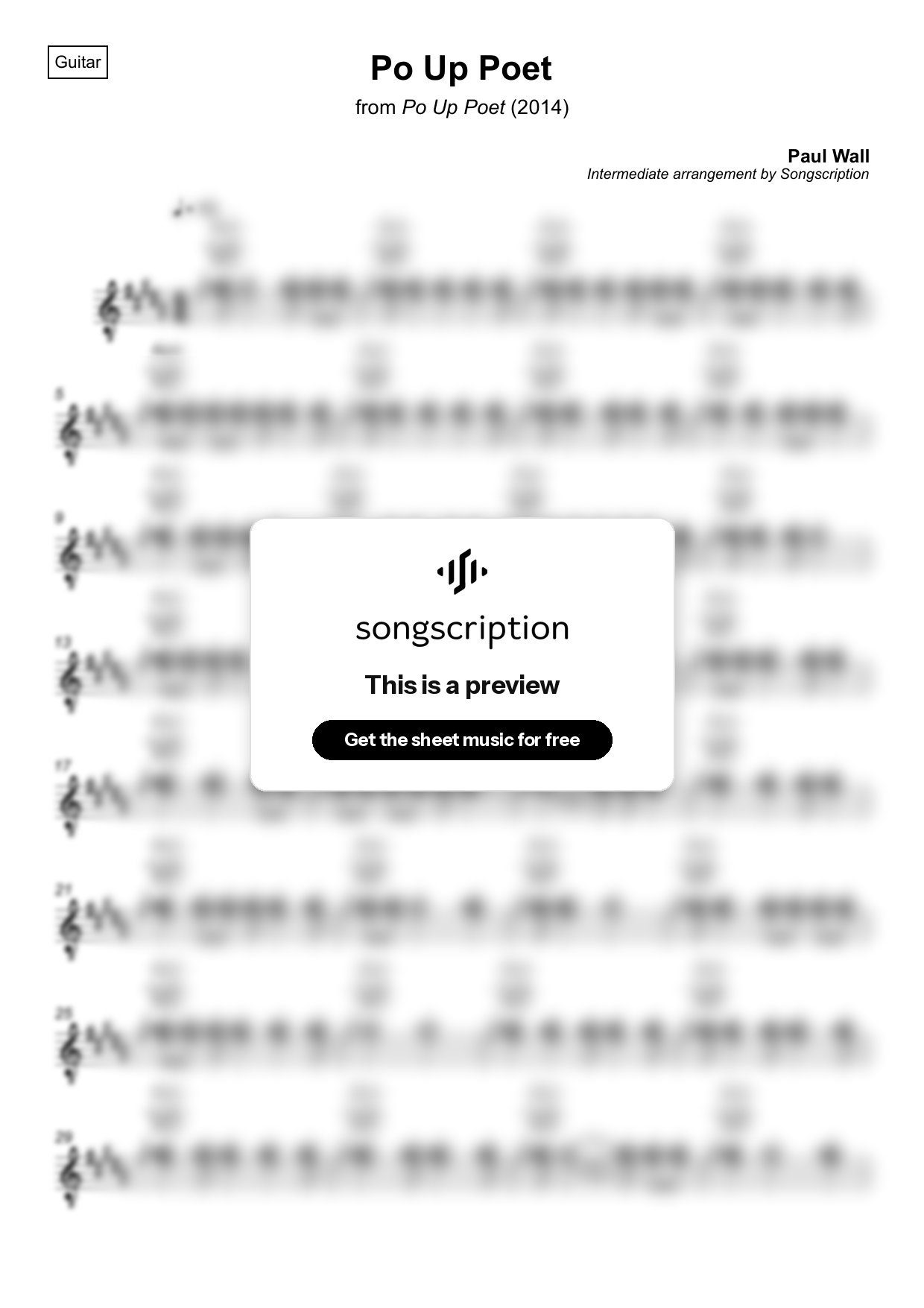 Intermediate Acoustic Guitar Sheet Music for "Po Up Poet" by Paul Wall